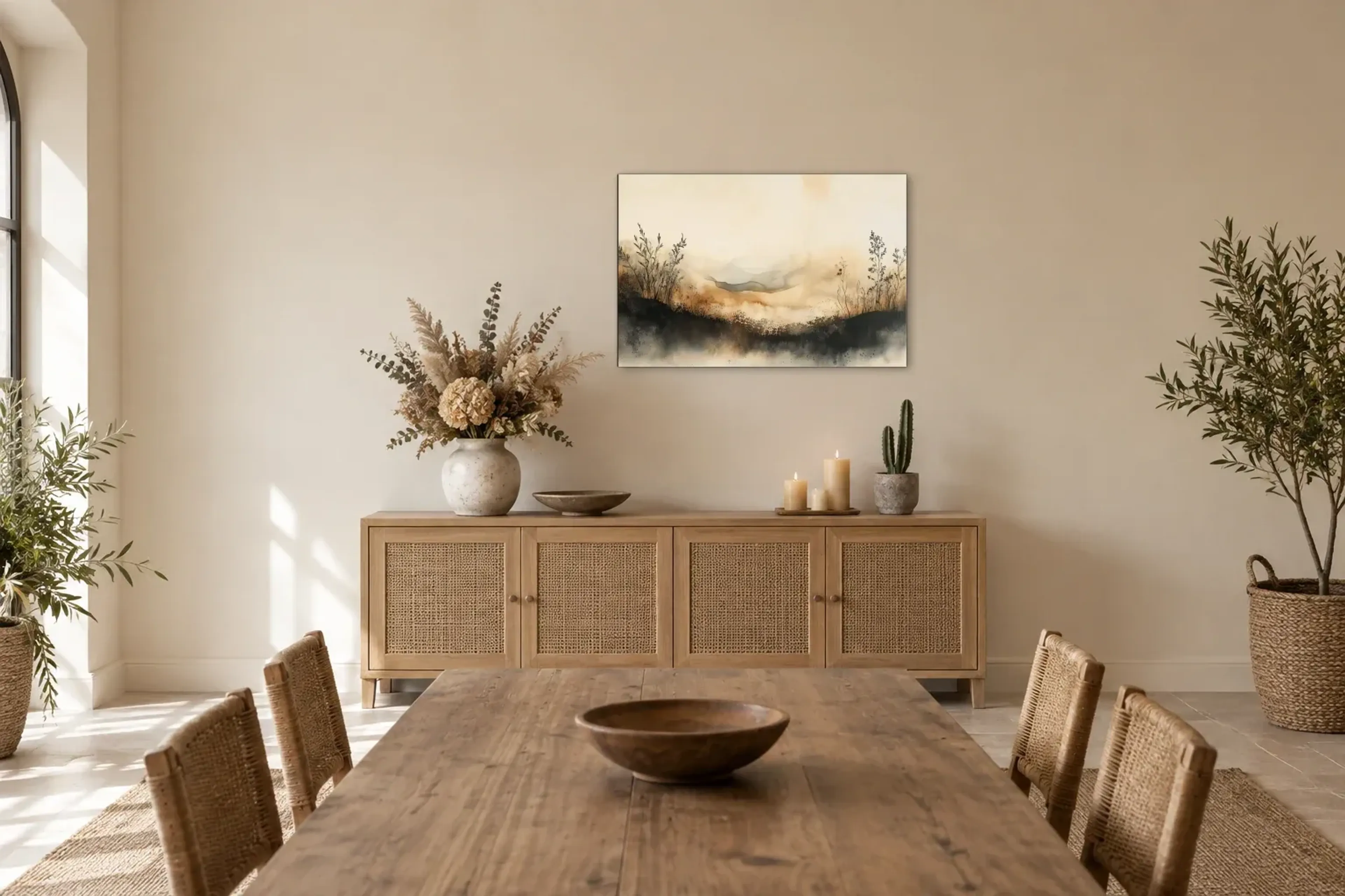 Gräser im Morgenlicht als Wandbild über einem 160-cm-Sideboard