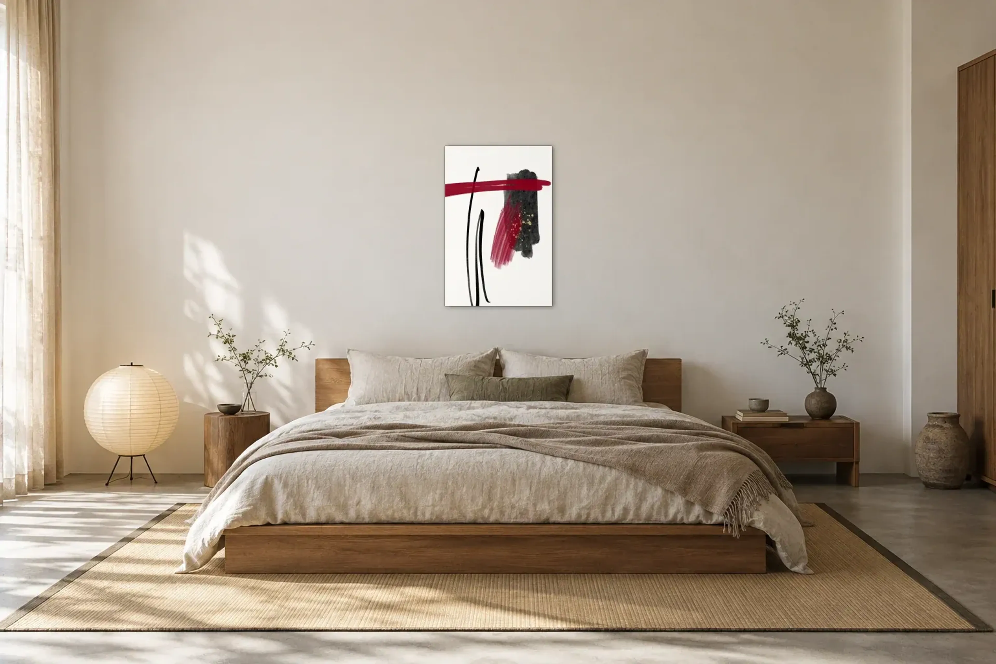 Rot trifft Kohlegrau als Wandbild über einem 180-cm-Bett