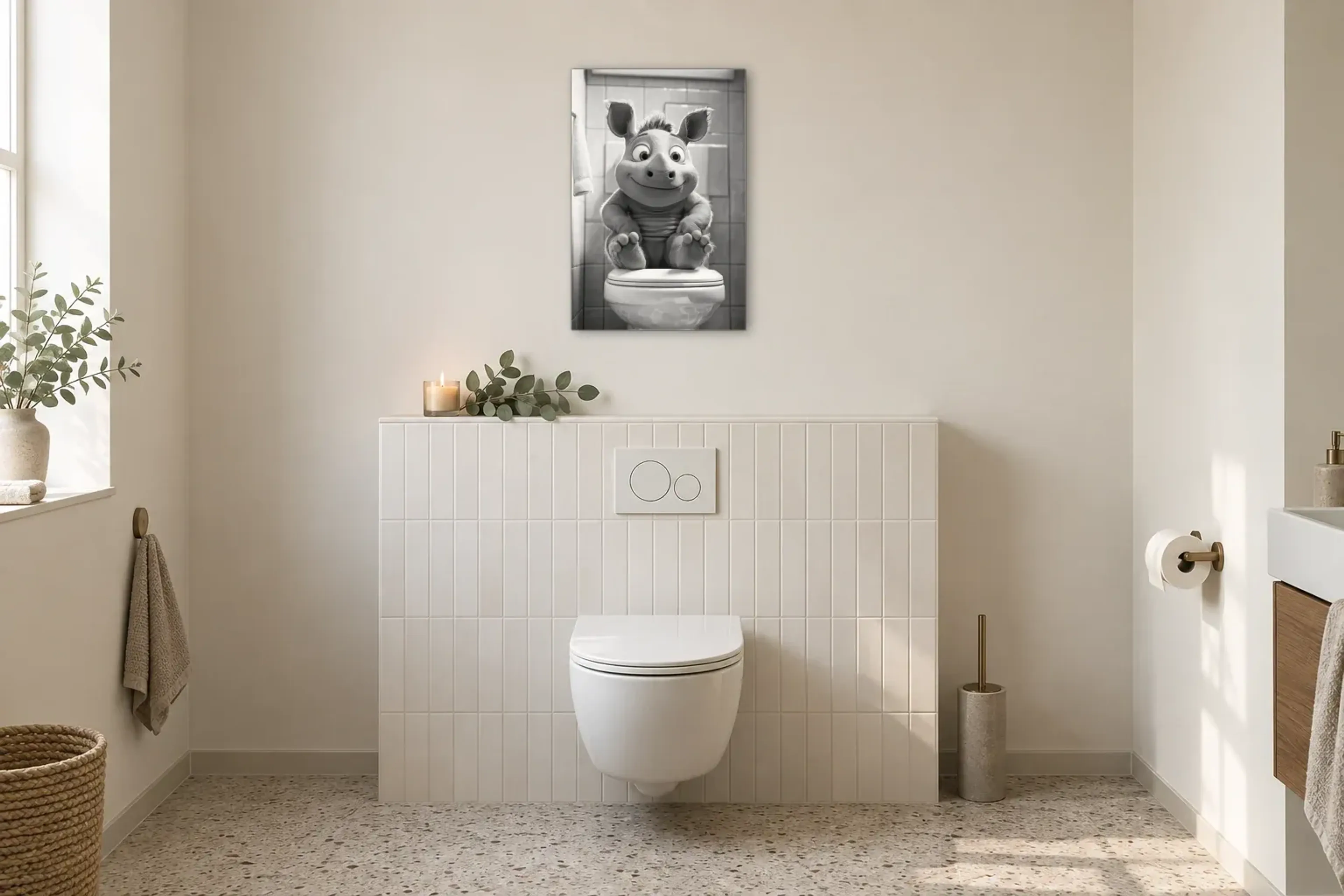 Nashorn auf Toilette als Wandbild im Gäste-WC