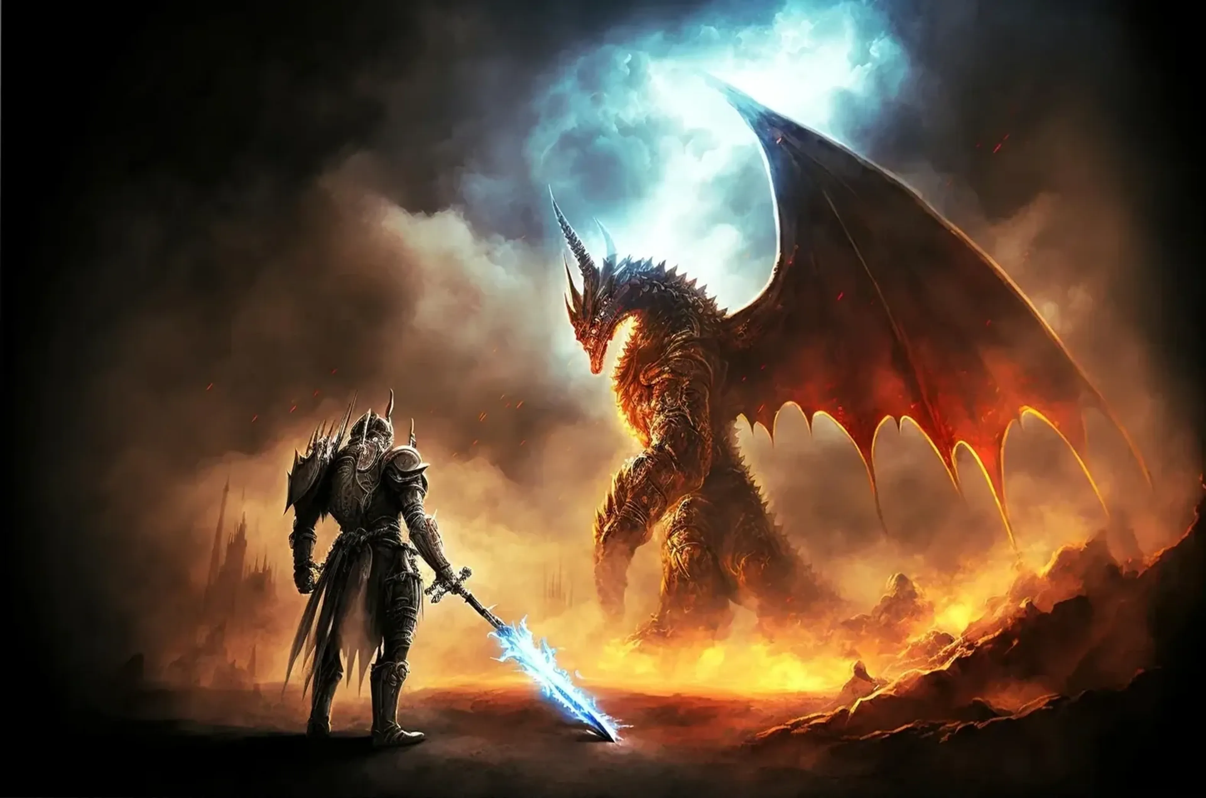 Ein Ritter mit blau leuchtendem Schwert steht vor einem Drachen zwischen orangefarbenen Flammen und dunklen Wolken.