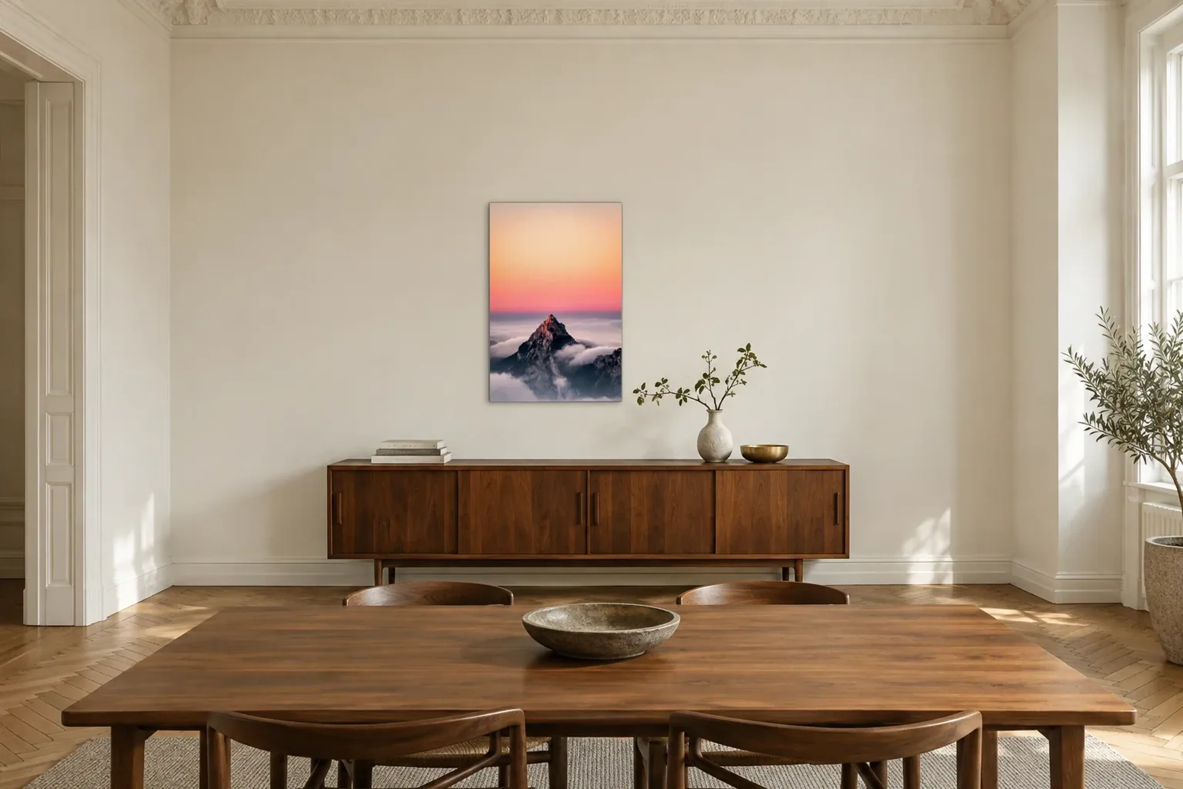 Gipfel über Wolken als Wandbild über einem 200-cm-Sideboard