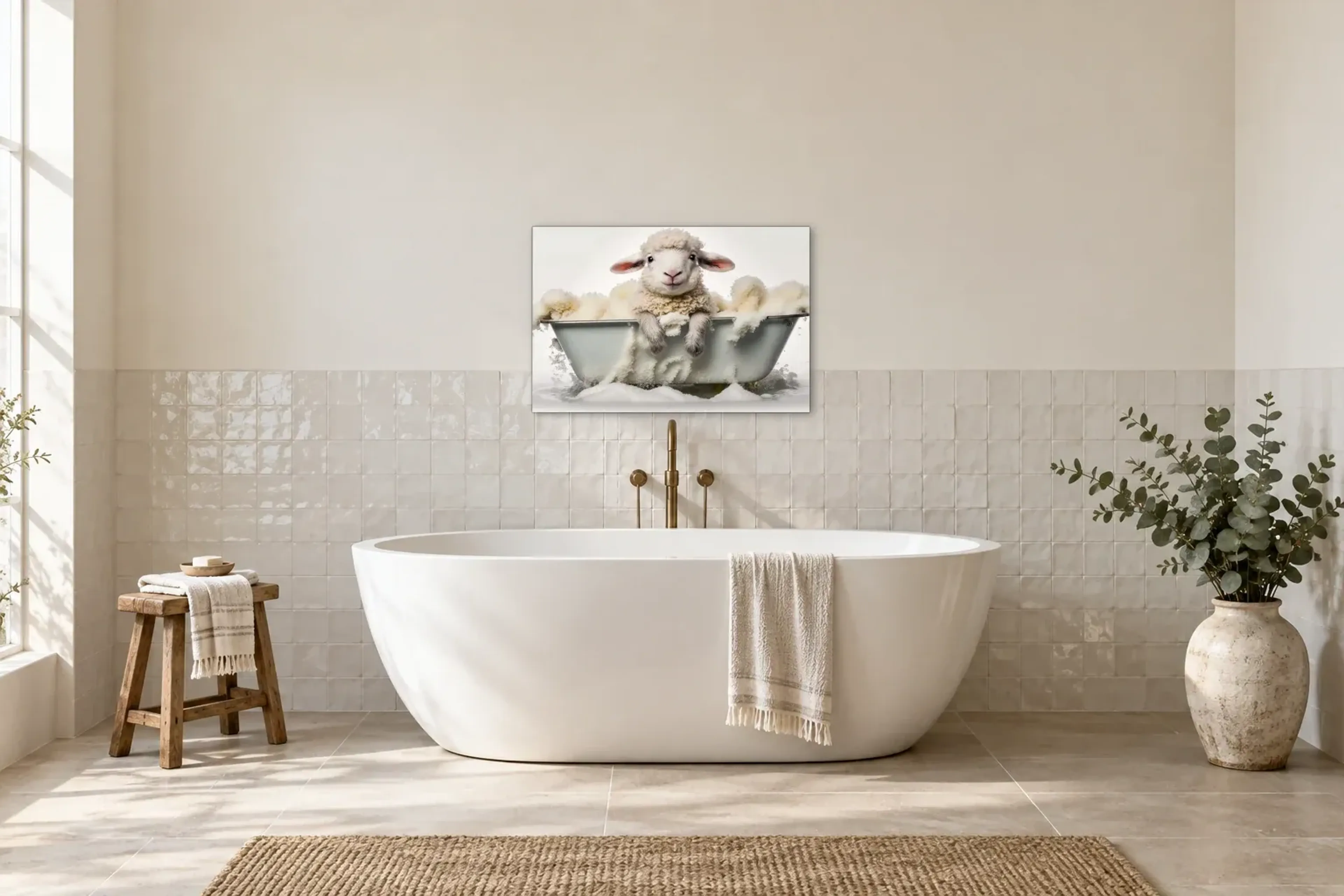 Lämmchen im Schaumbad als Wandbild über einer 170-cm-Badewanne