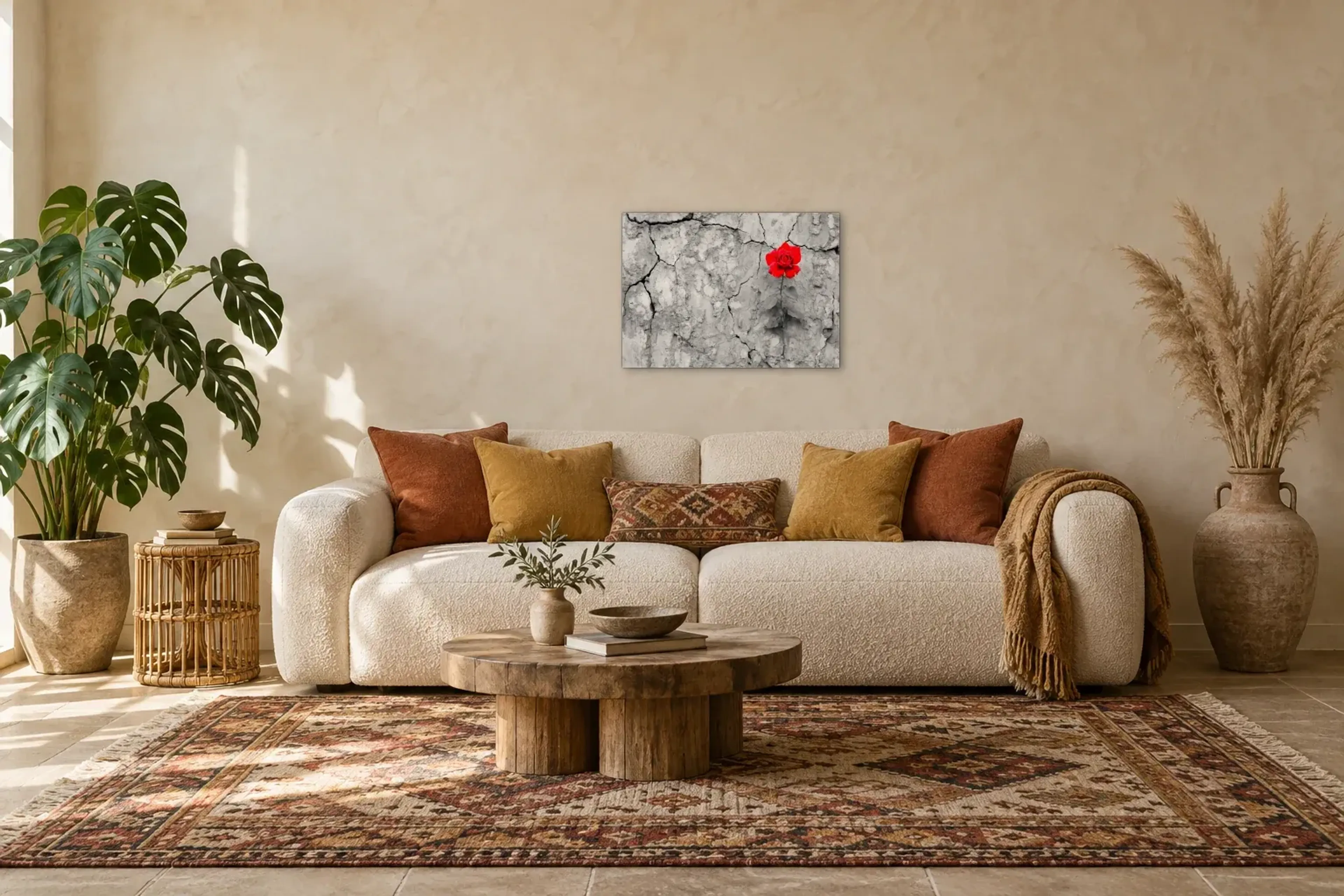 Rote Rose auf Rissen als Wandbild über einem 220-cm-Sofa