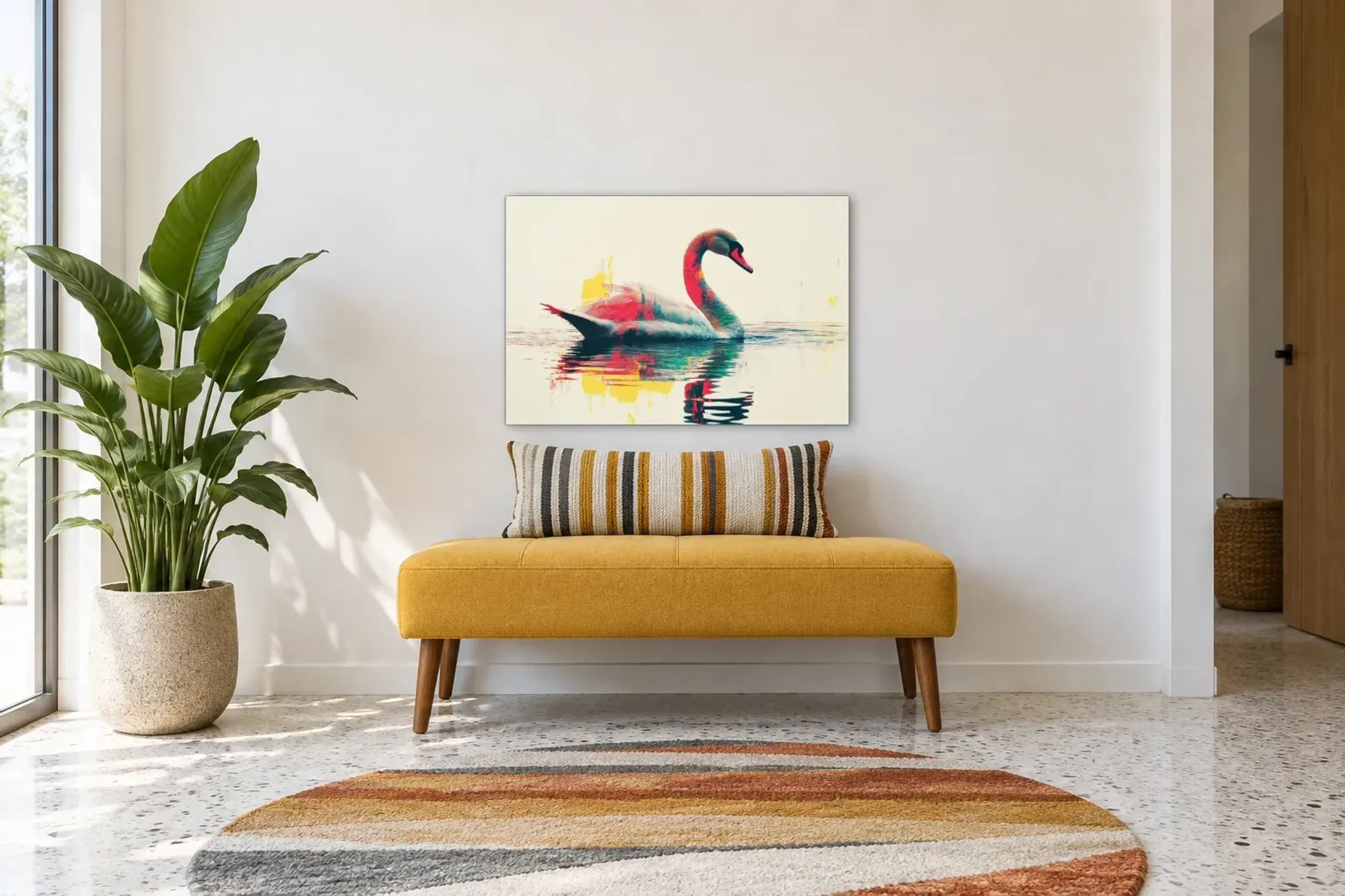 Schwan in Türkis und Rot als Wandbild über einer 120-cm-Bank