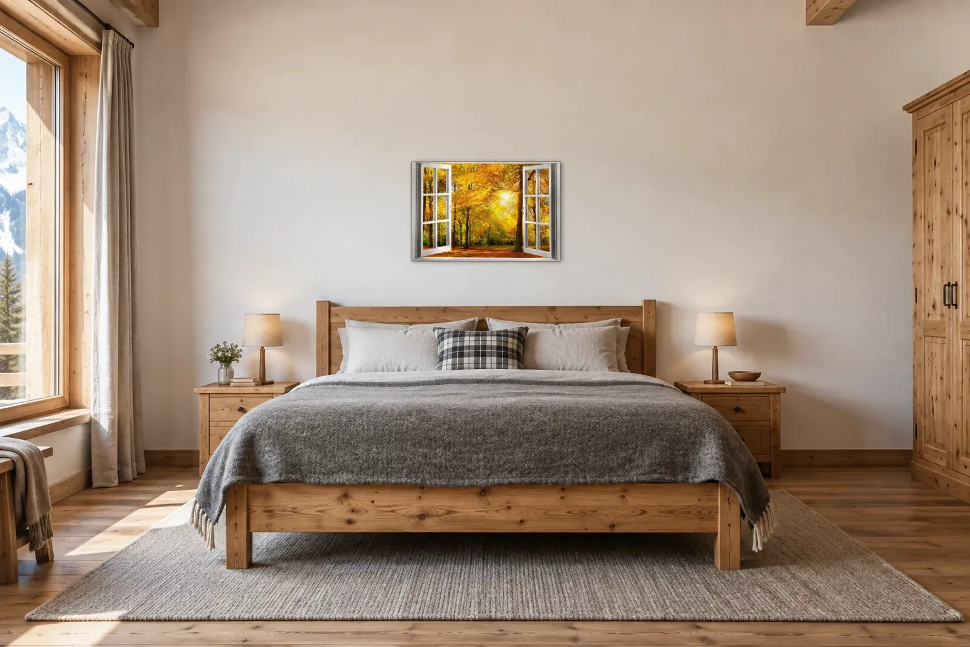 Sonnenlicht im Herbstwald als Wandbild über einem 180-cm-Bett