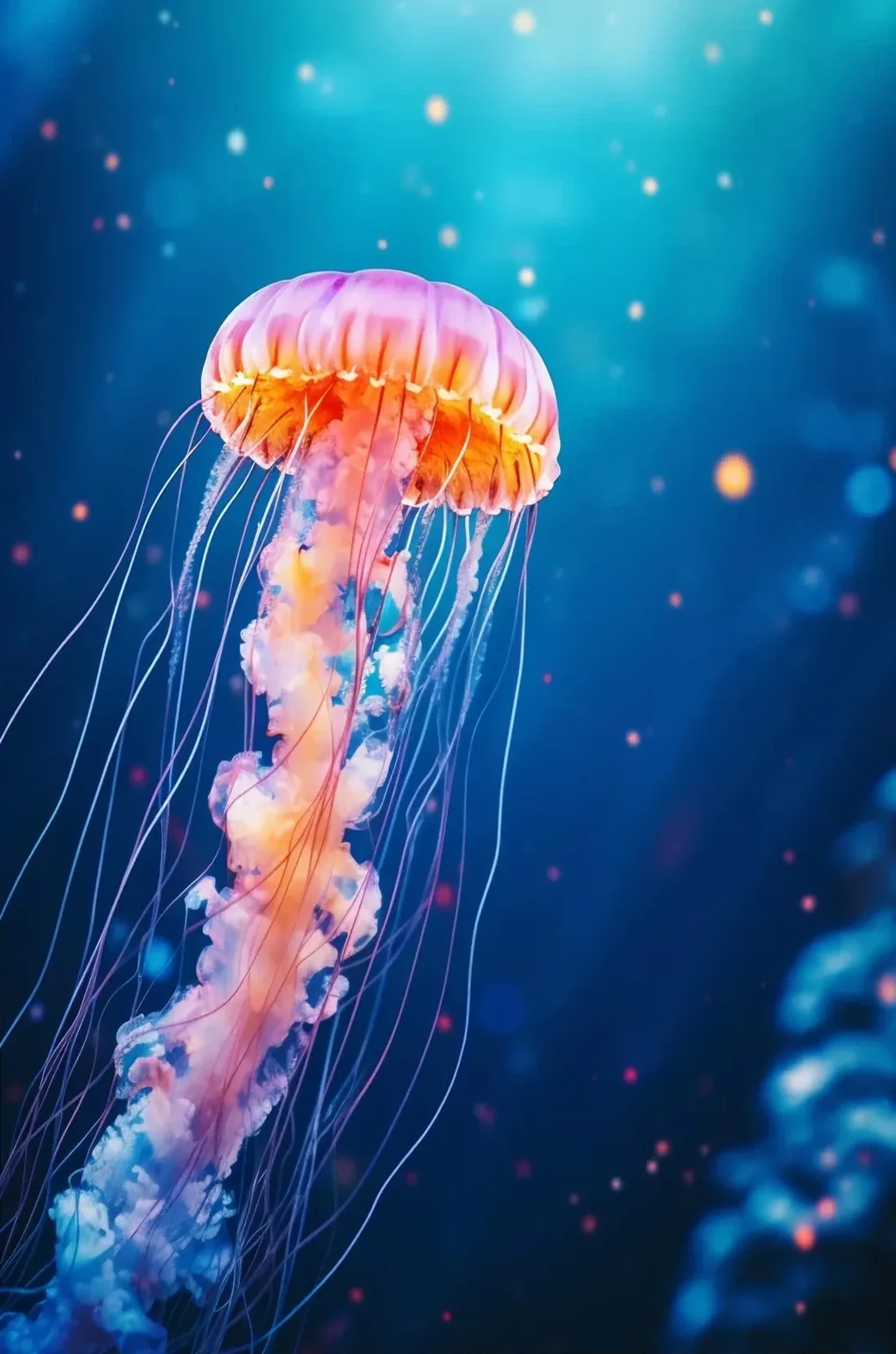 Eine orange-rosa Qualle mit langen Tentakeln schwebt vor tiefblauem Wasser mit verstreuten bunten Lichtpunkten.