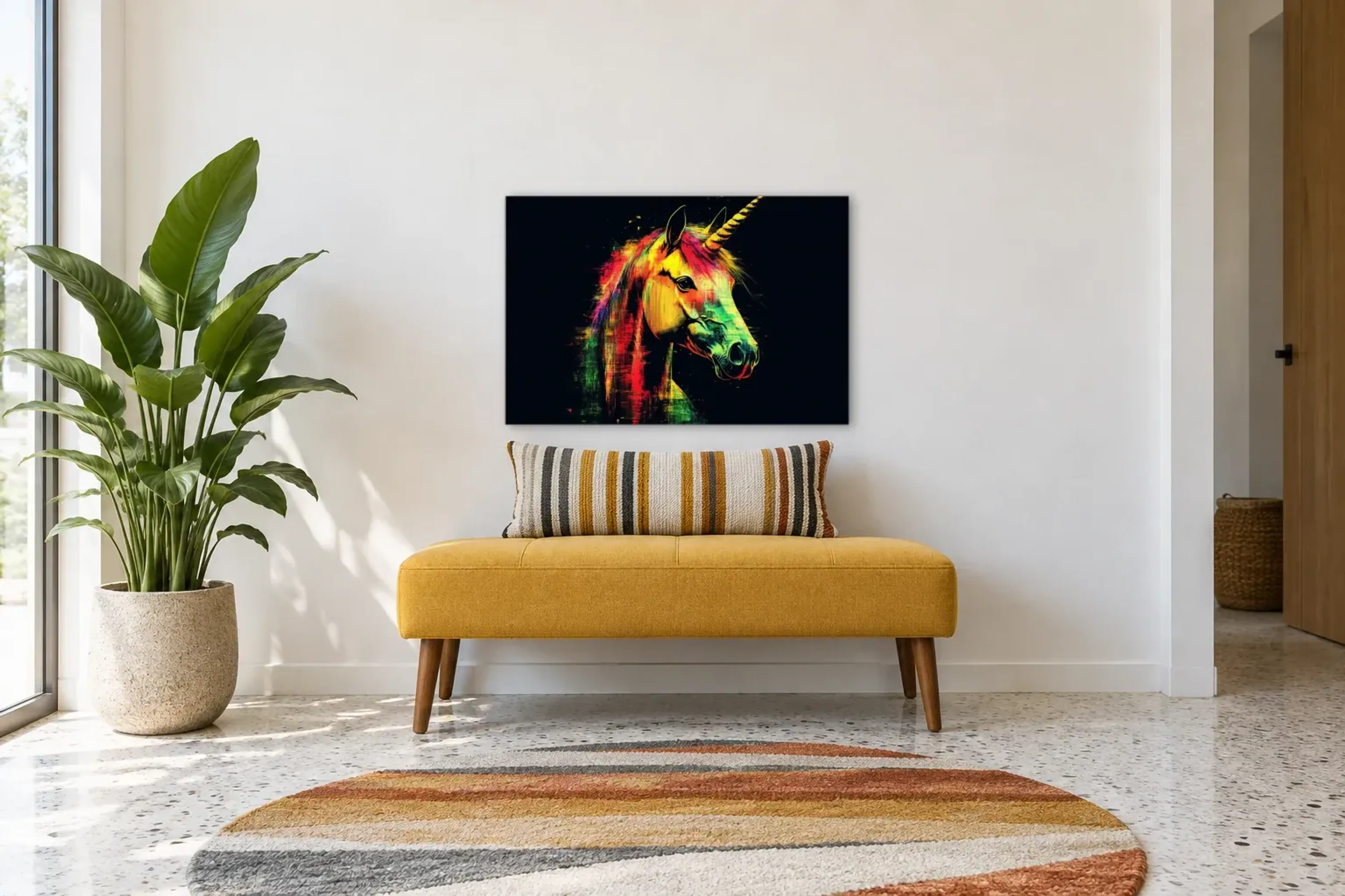 Einhorn als Wandbild über einer 120-cm-Bank