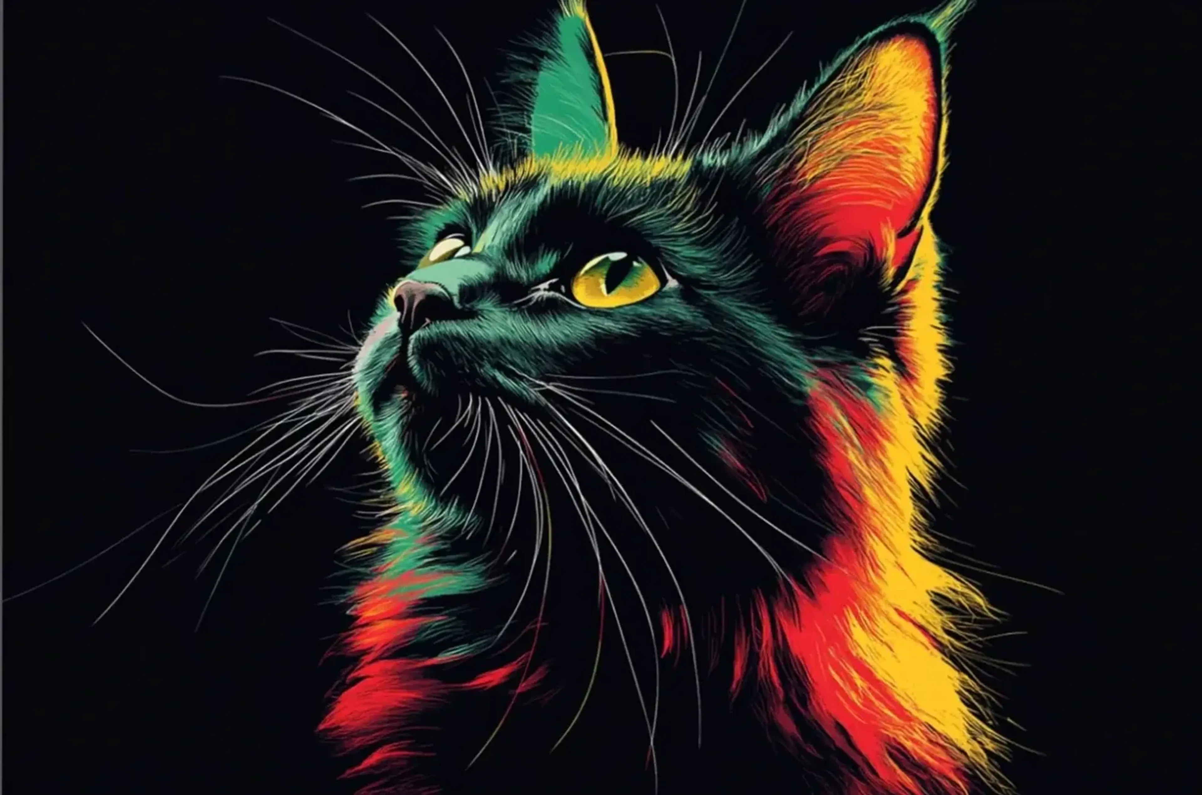 Schwarze Katze schaut nach links oben, mit gelben Augen, langen Schnurrhaaren und bunten Fellkonturen.