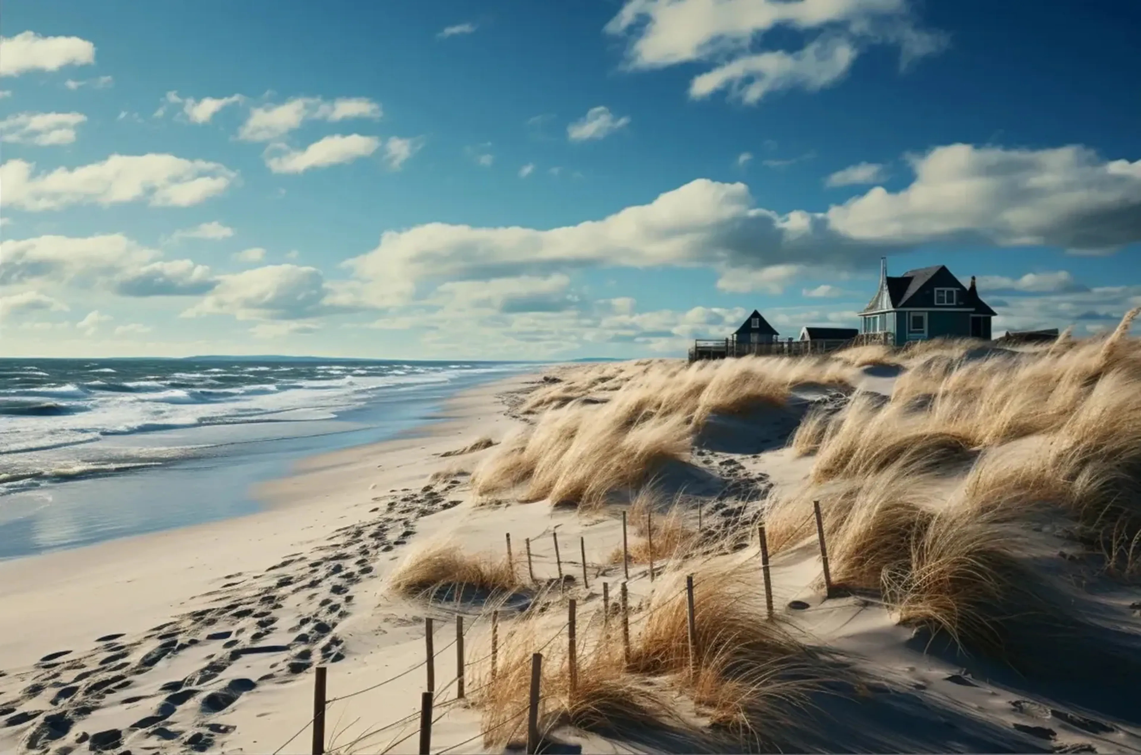 Dünen mit goldbraunem Gras, einem Drahtzaun und Häusern säumen einen Strand mit Fußspuren und Wellen.