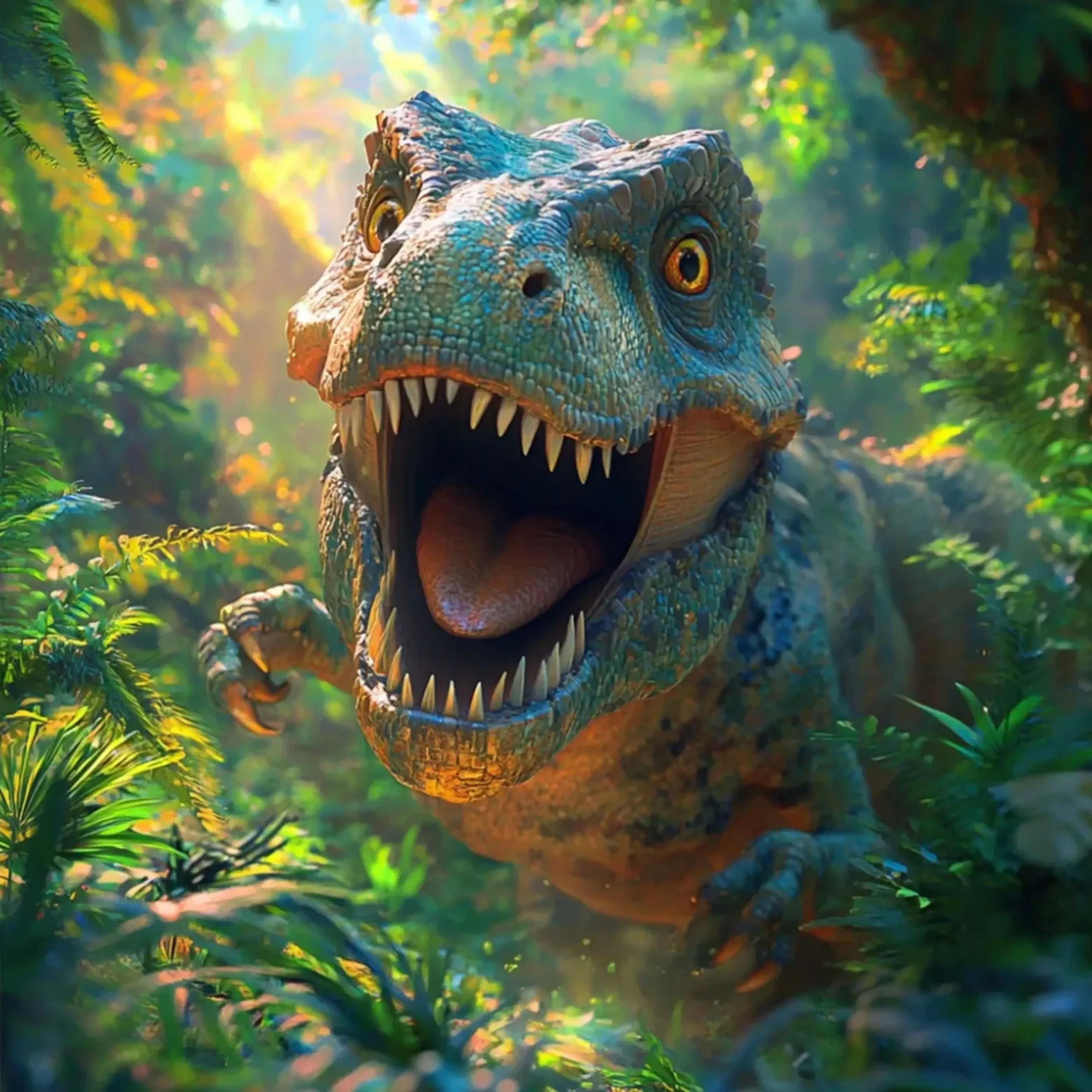 Dino im Dschungellicht – Motiv als Wandbild auf Holz