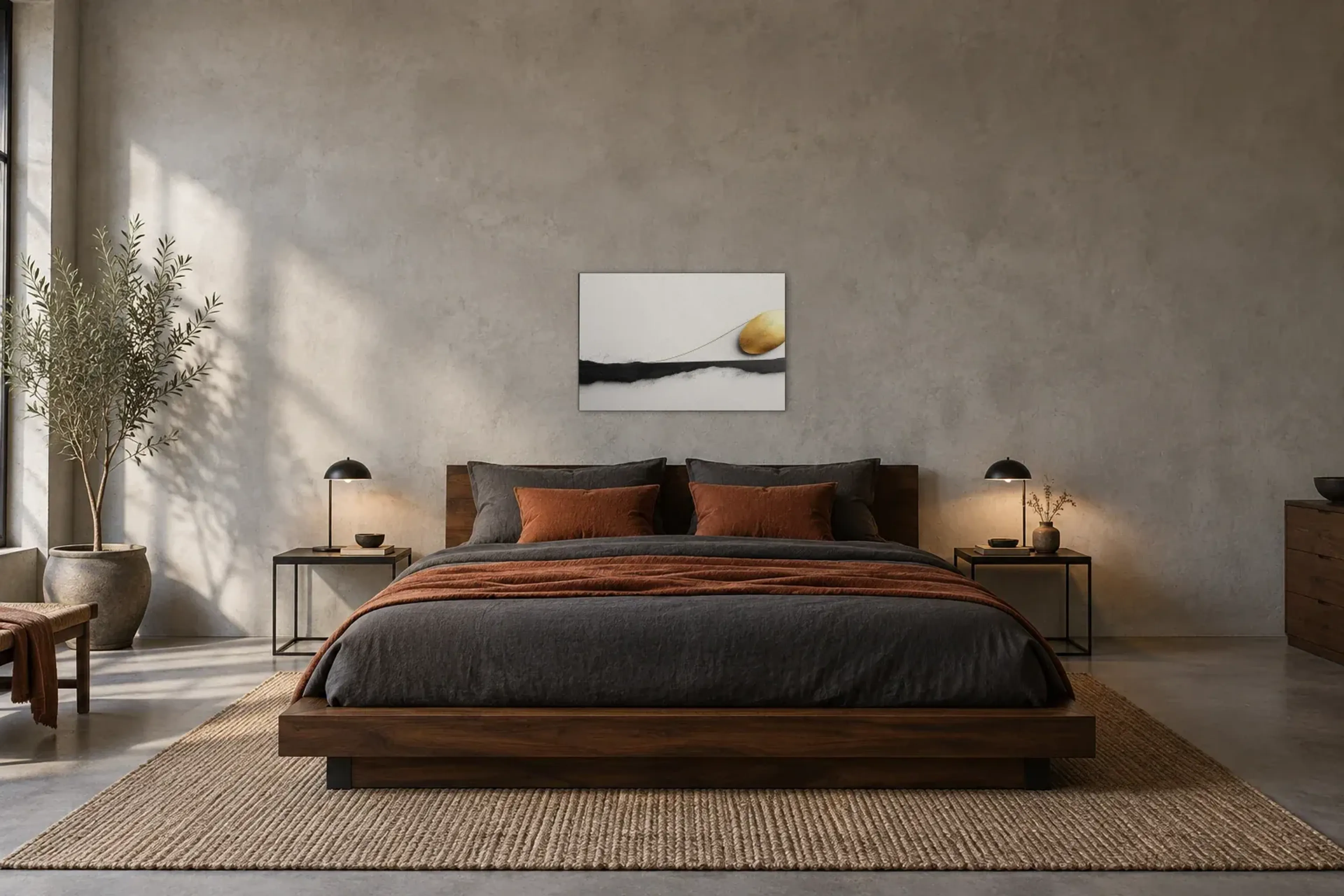 Goldkreis über schwarzem Band als Wandbild über einem 180-cm-Bett