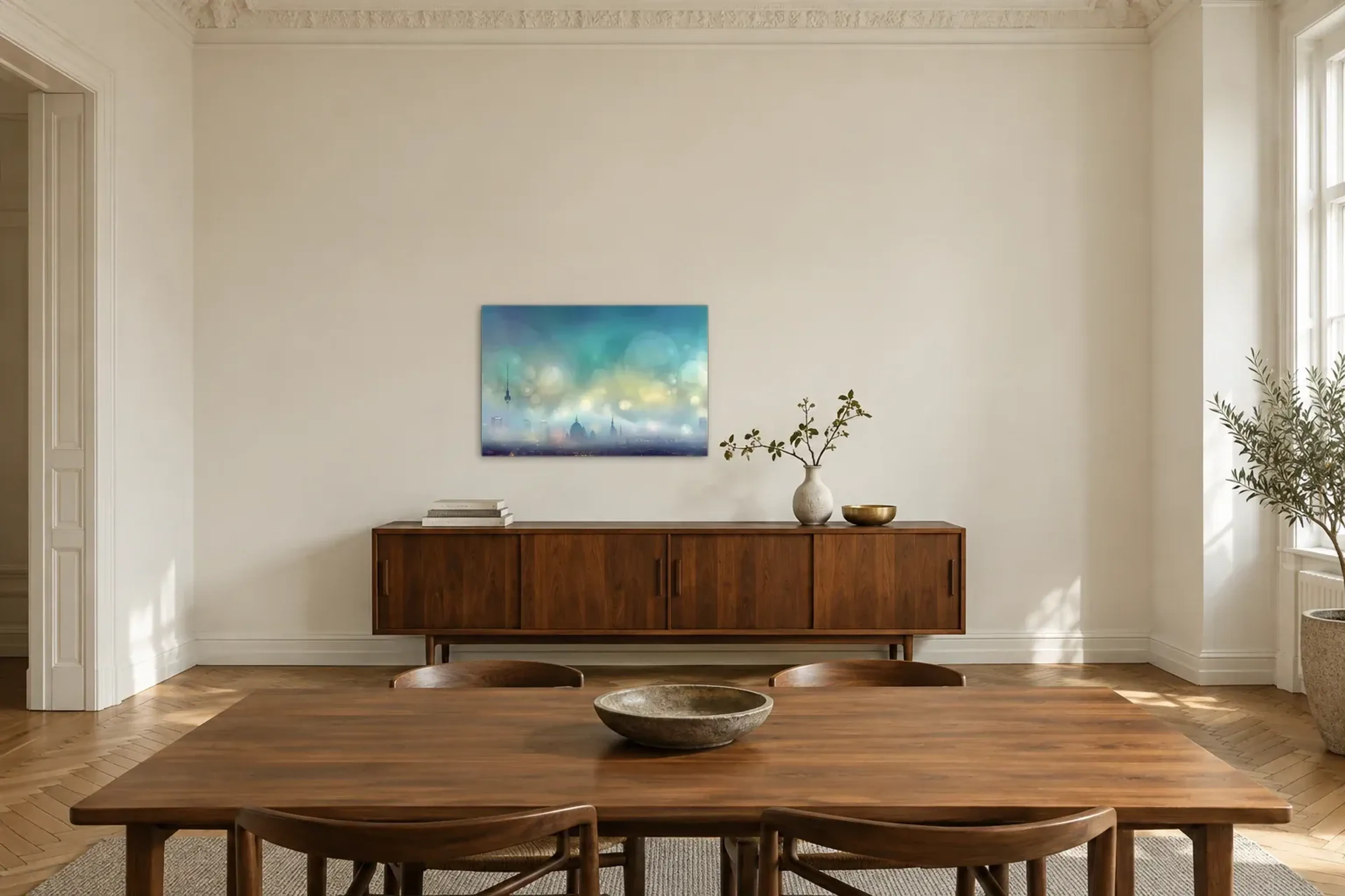 Berlin im Lichtschimmer als Wandbild über einem 200-cm-Sideboard