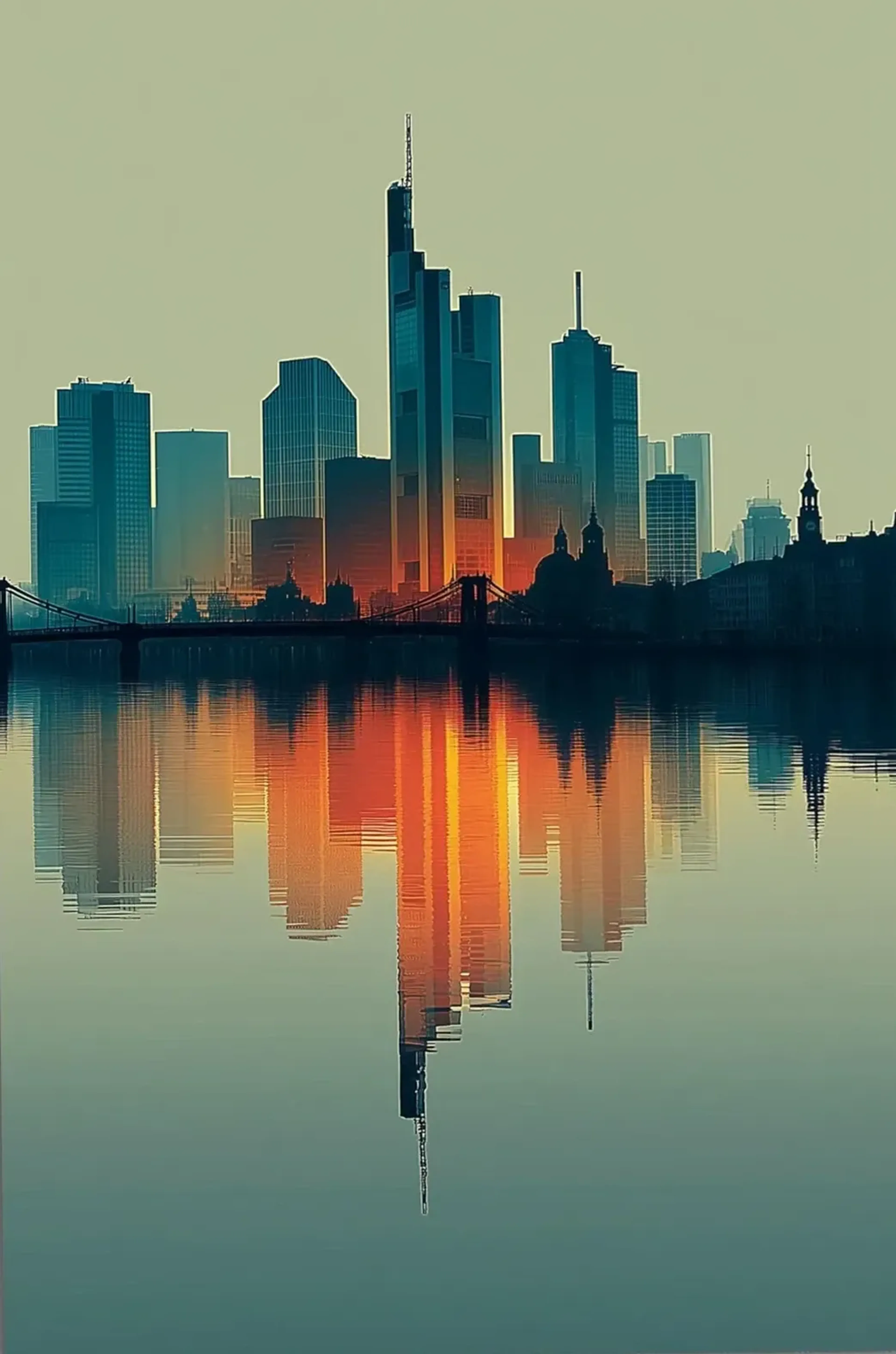 Frankfurter Hochhäuser und eine dunkle Brücke spiegeln sich mit orangefarbenem Licht im Wasser.