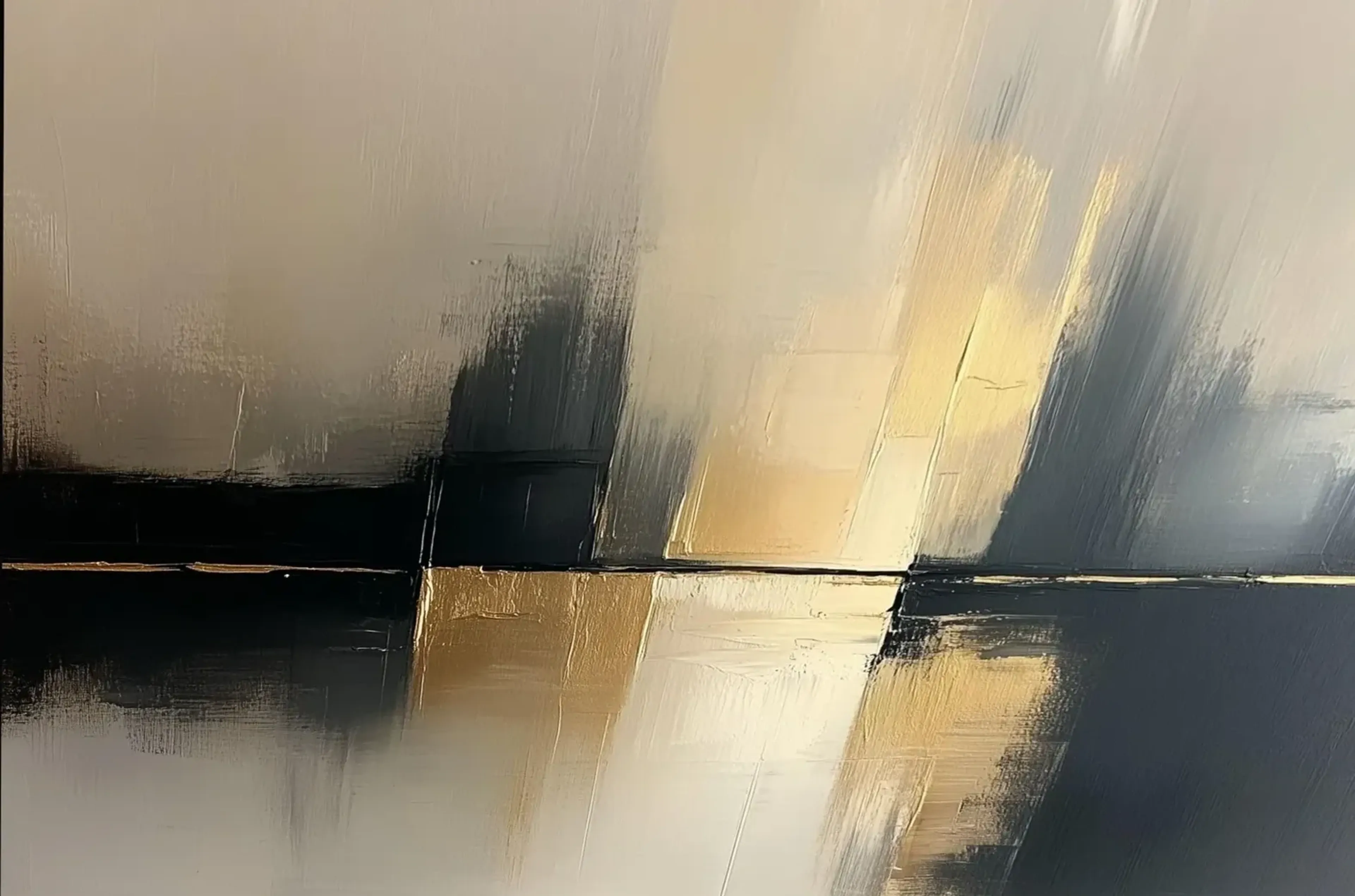 Abstrakte beige, goldgelbe und anthrazitfarbene Flächen mit schrägen Strukturen entlang einer feinen Horizontlinie.