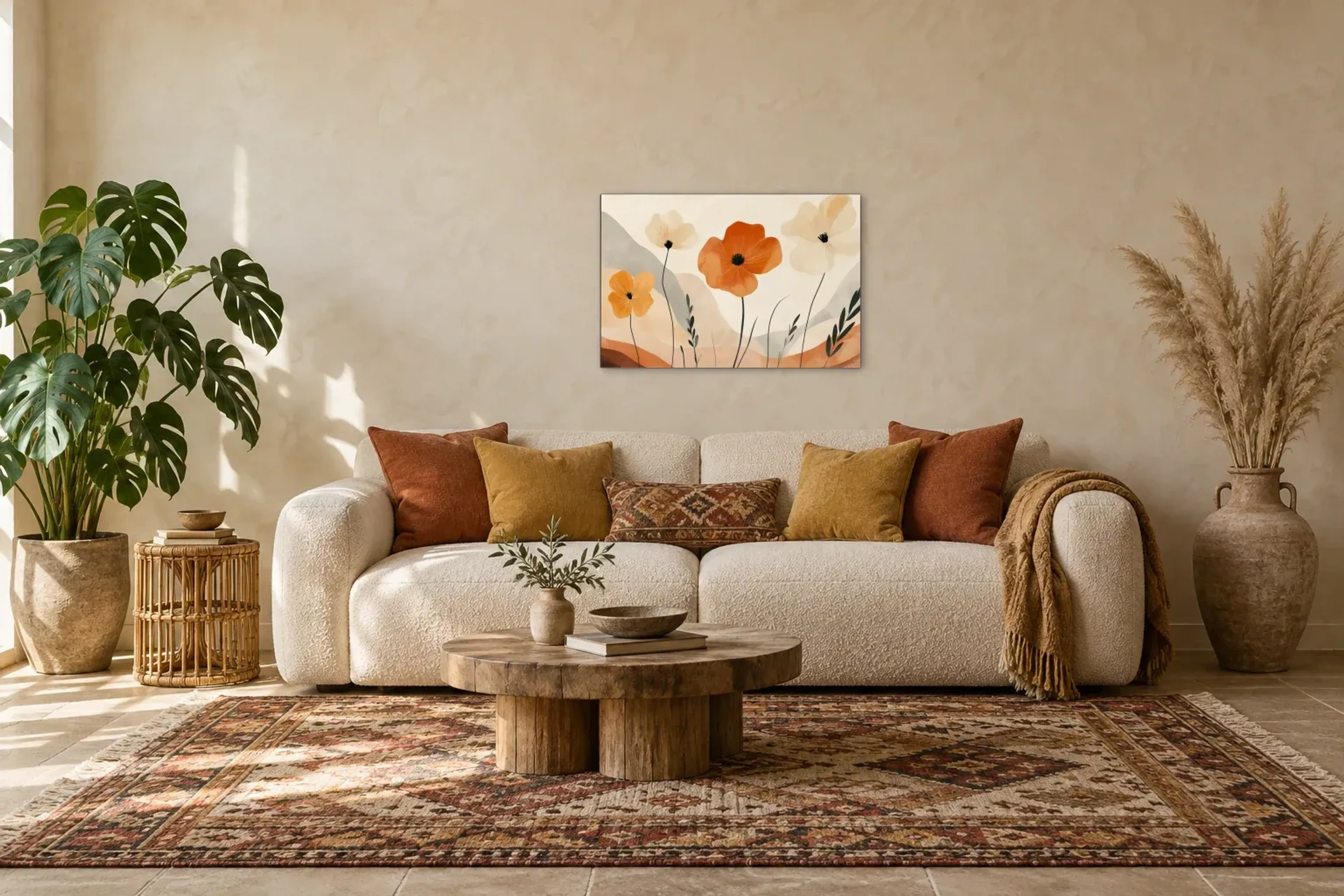 Boho Blumen als Wandbild über einem 220-cm-Sofa