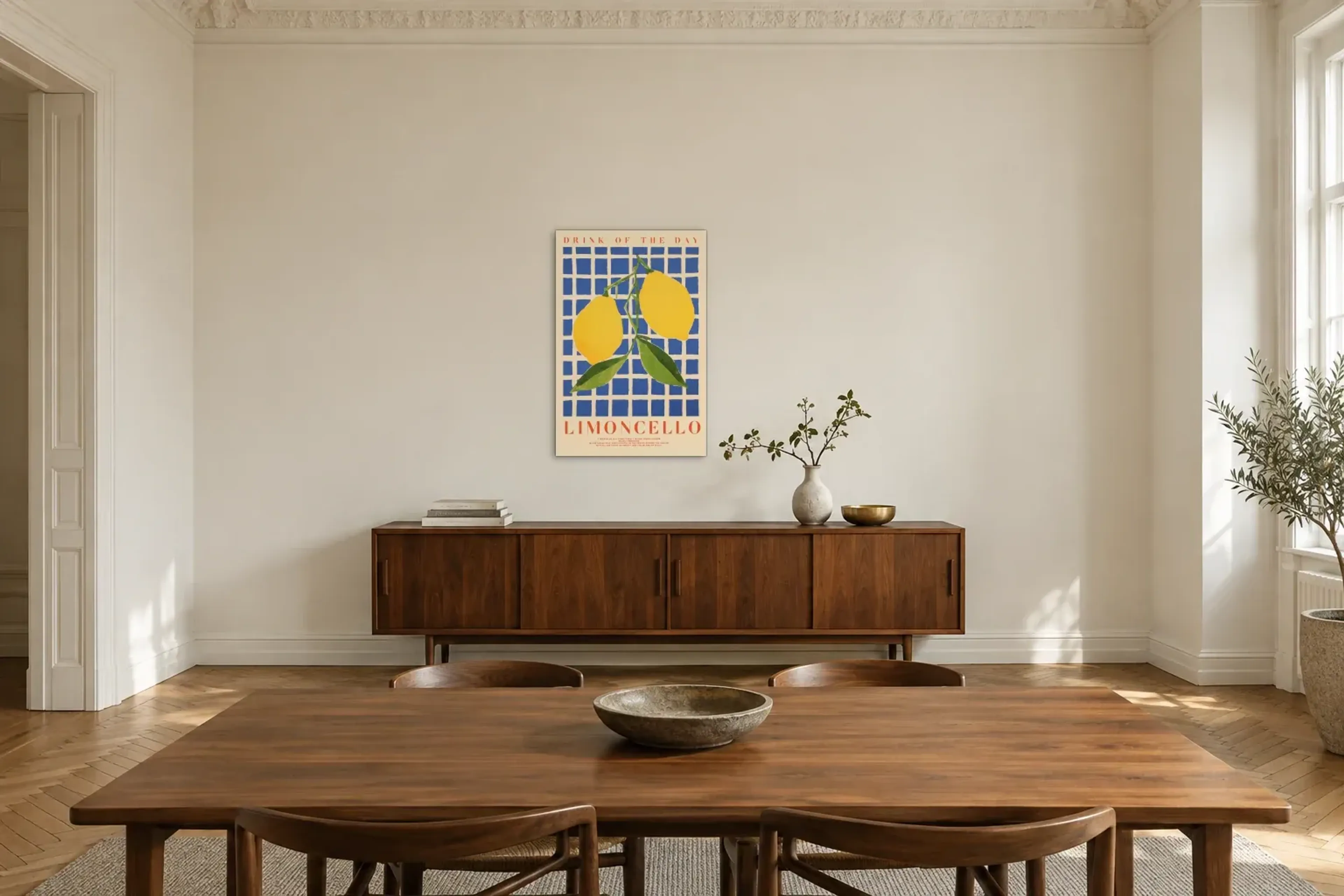 Limoncello als Wandbild über einem 200-cm-Sideboard