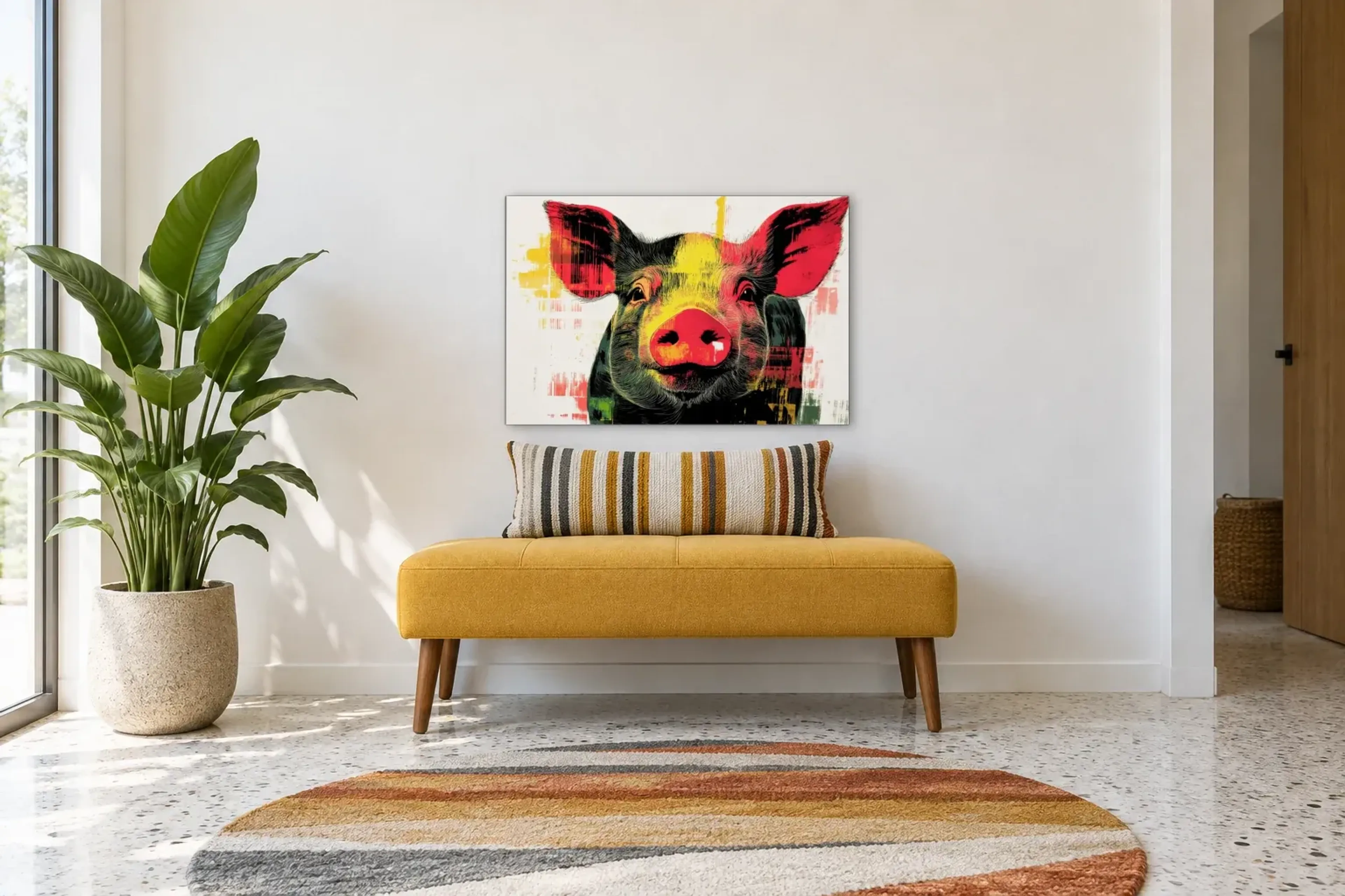 Schwein auf Cremeweiß als Wandbild über einer 120-cm-Bank