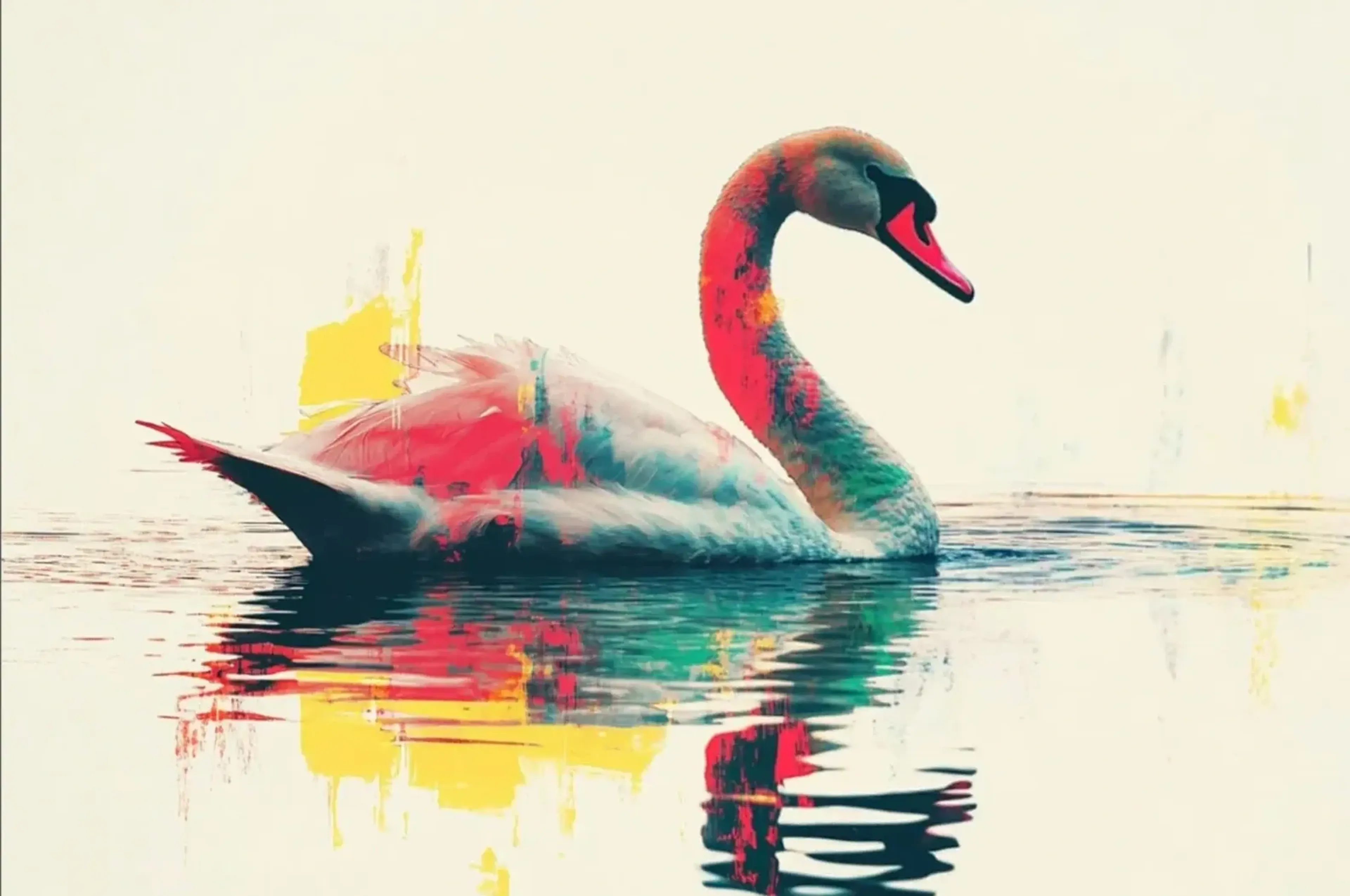 Schwan in Türkis und Rot – Motiv als Wandbild auf Holz