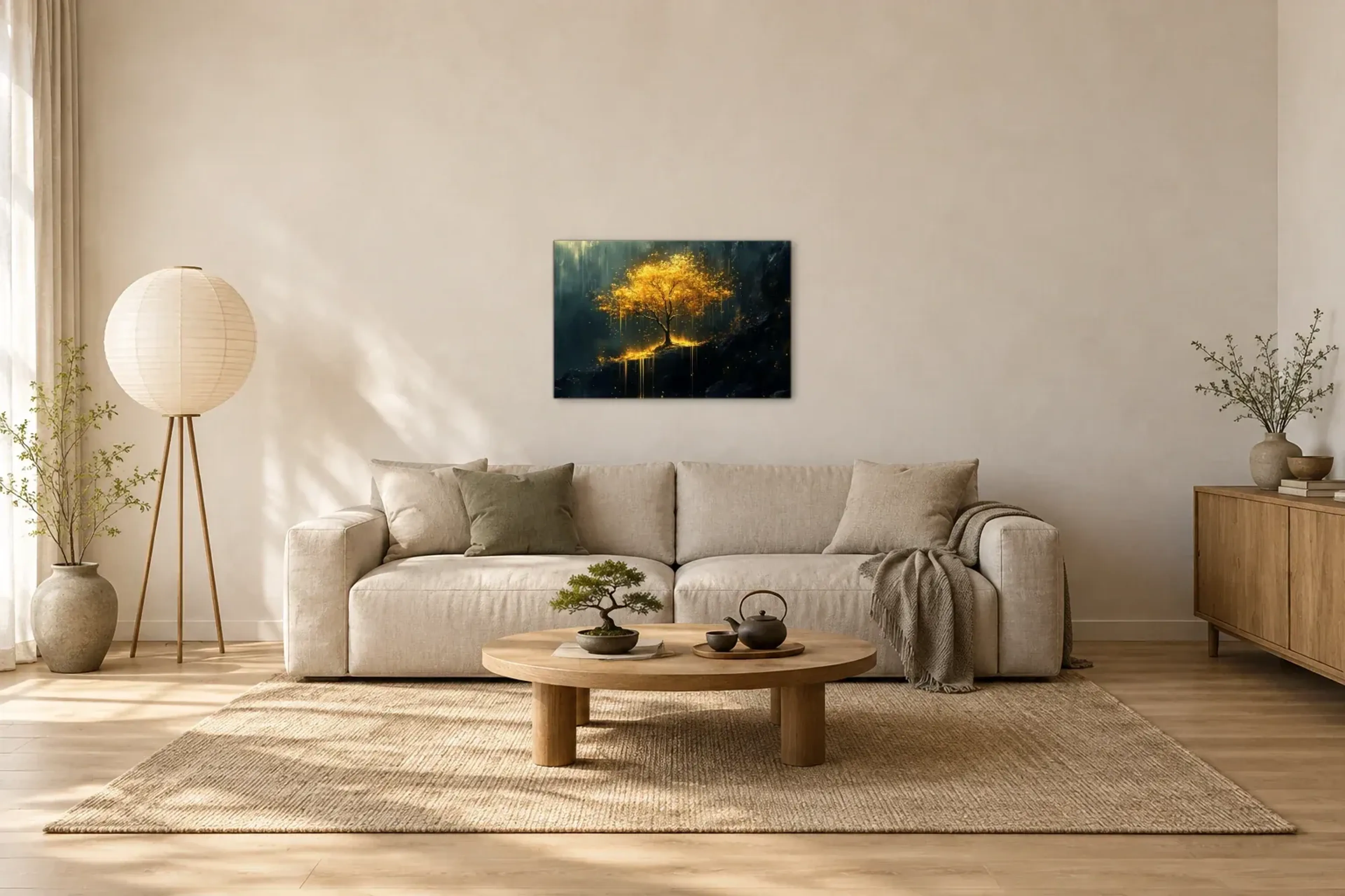 Lichtbaum als Wandbild über einem 220-cm-Sofa