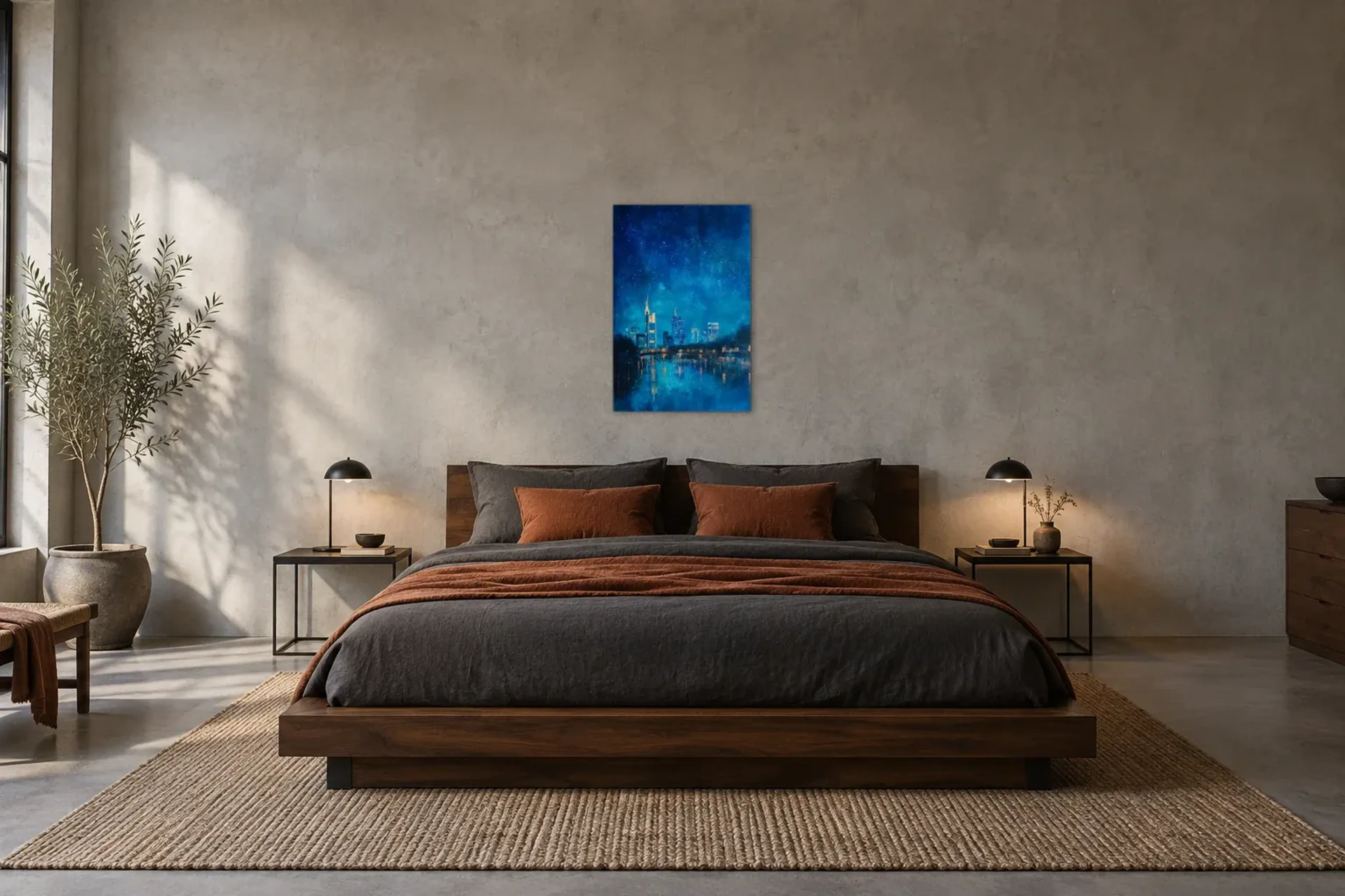 Frankfurt in leuchtendem Blau als Wandbild über einem 180-cm-Bett