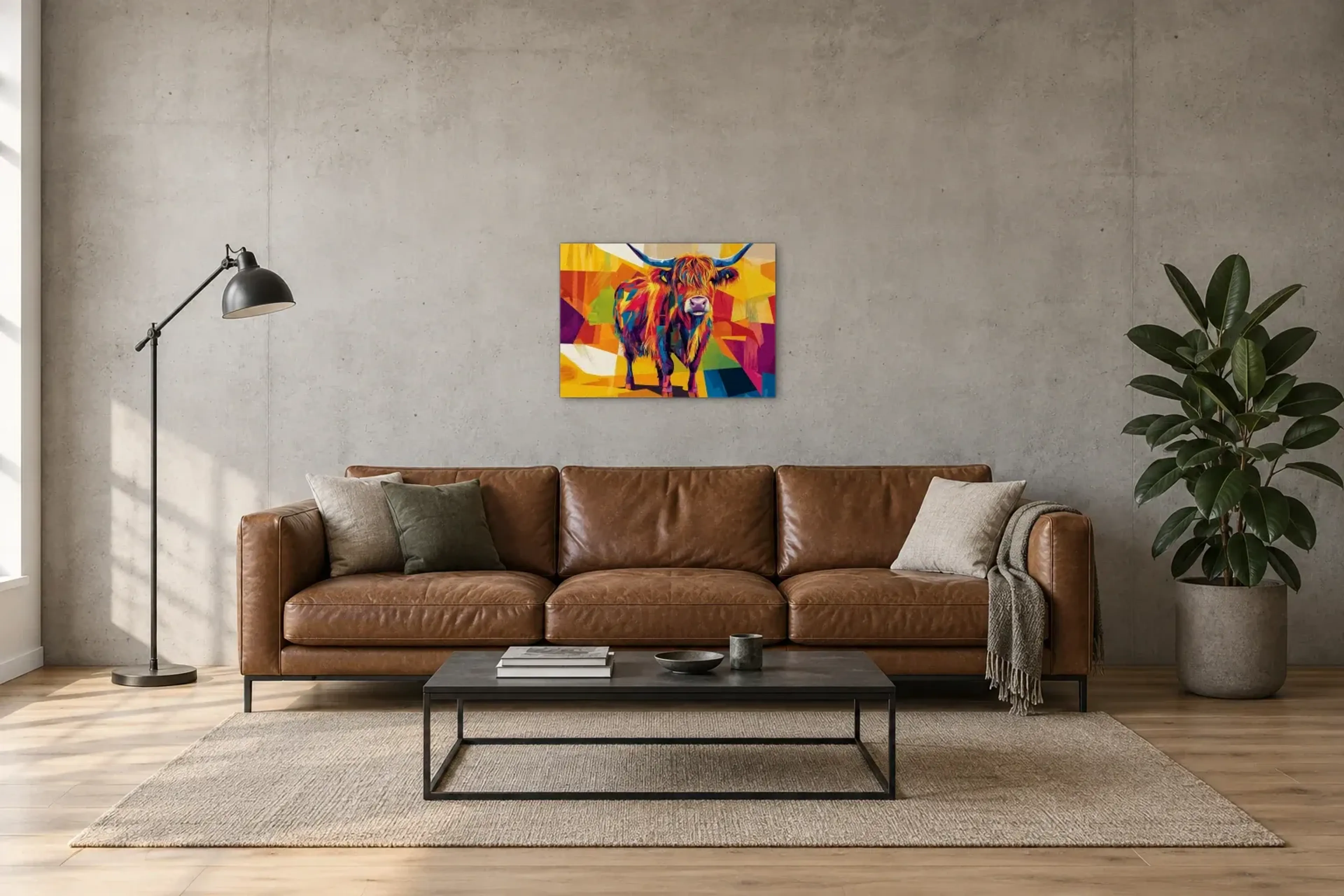 Hochlandrind in Farbflächen als Wandbild über einem 220-cm-Sofa