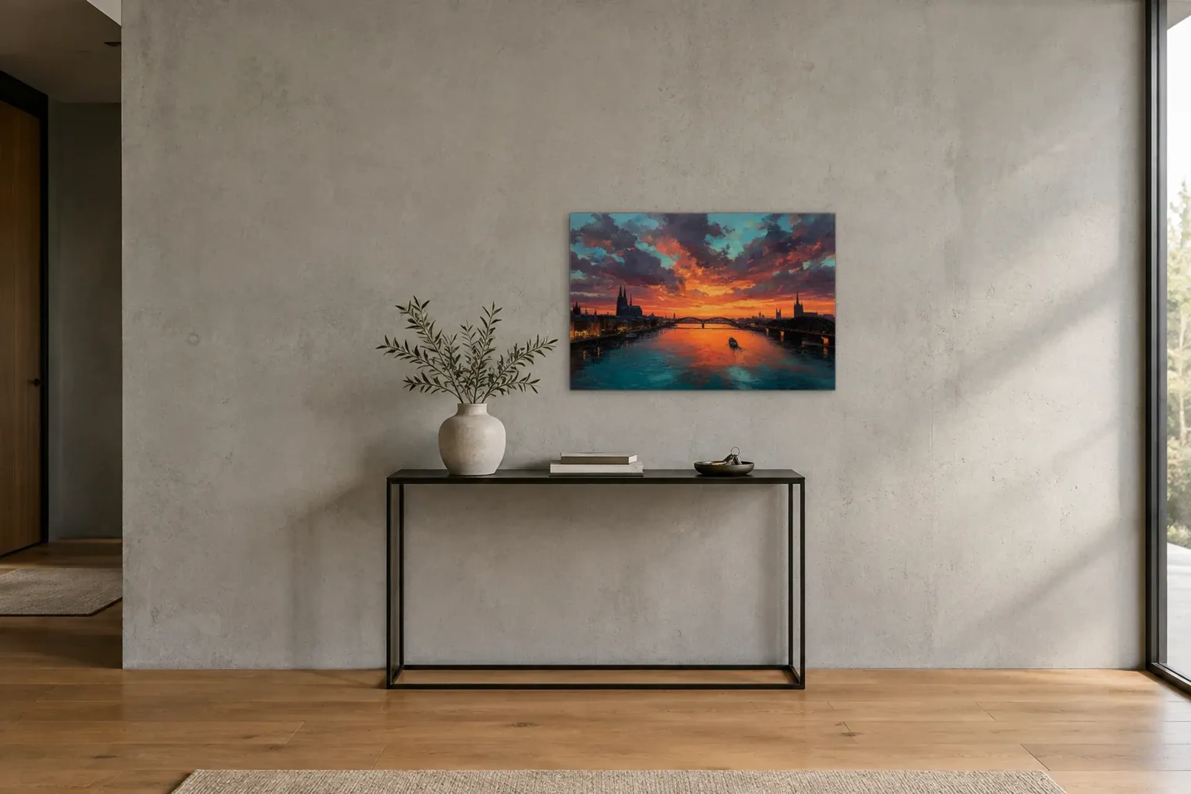 Abendglühen über dem Rhein als Wandbild über einer 120-cm-Konsole