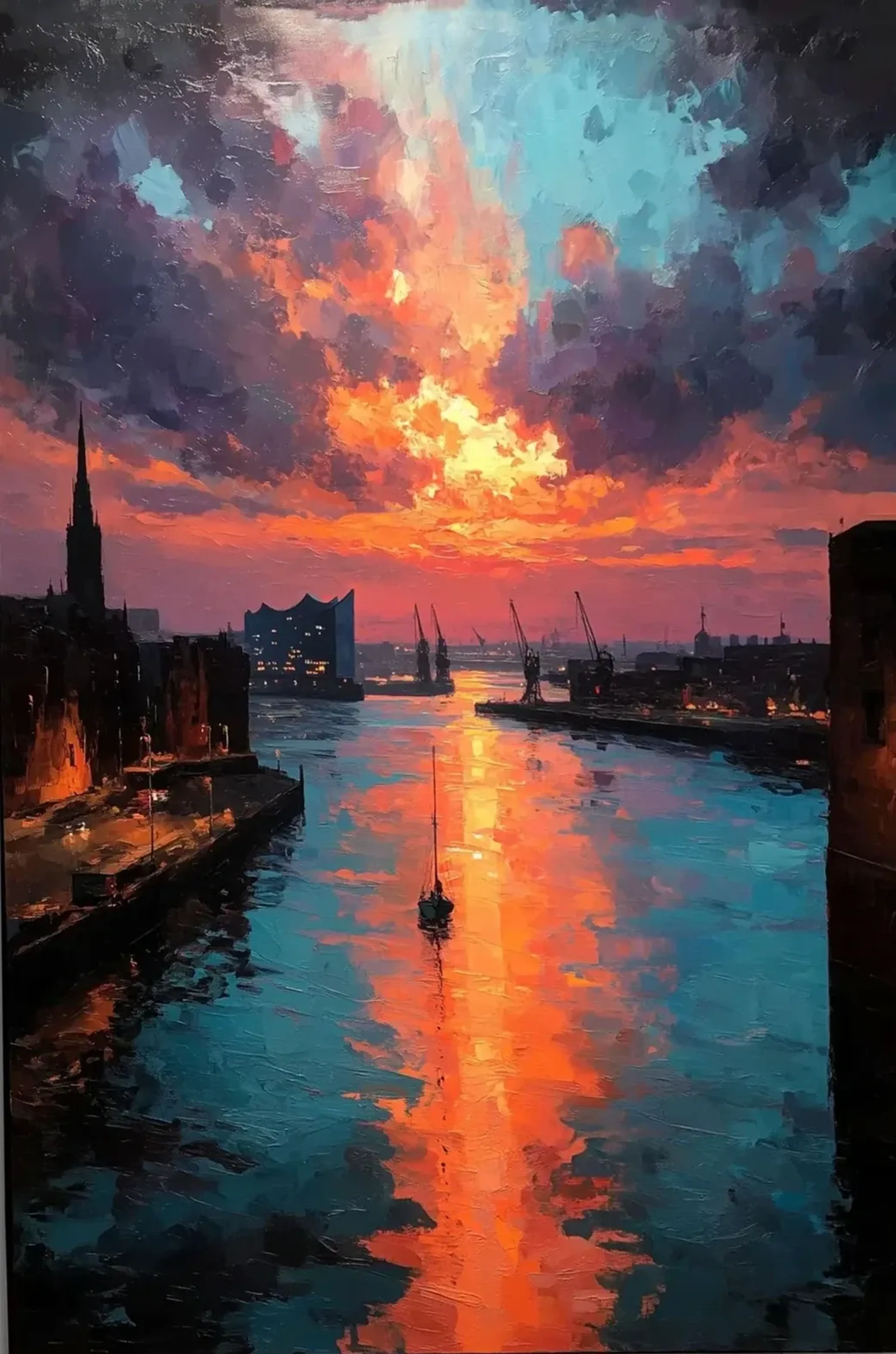 Kleines Segelboot vor Hamburgs Silhouette unter orange leuchtenden Wolken mit Spiegelungen im türkisblauen Wasser.