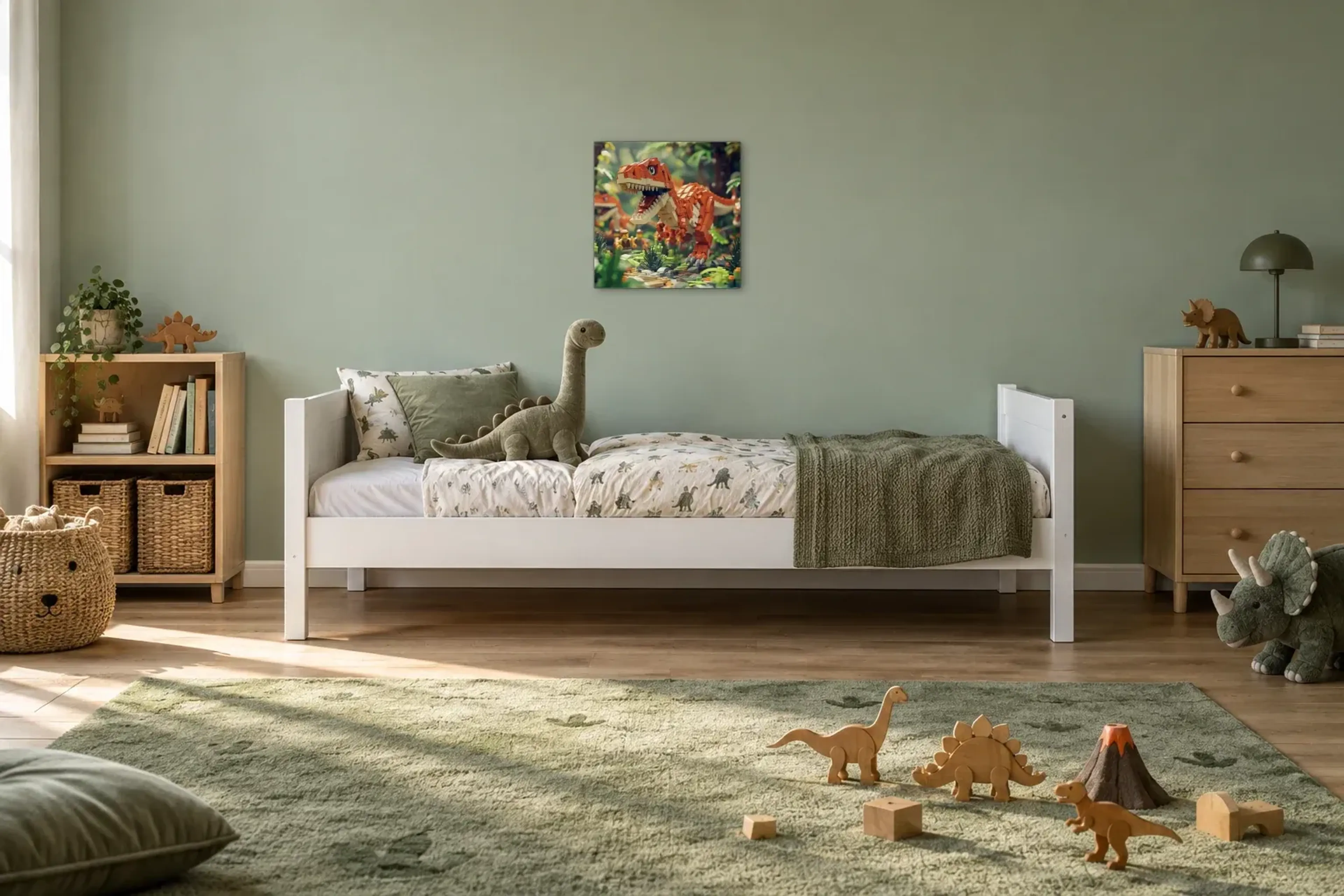 Baustein-Dino im Dschungel als Wandbild über einem 200-cm-Kinderbett