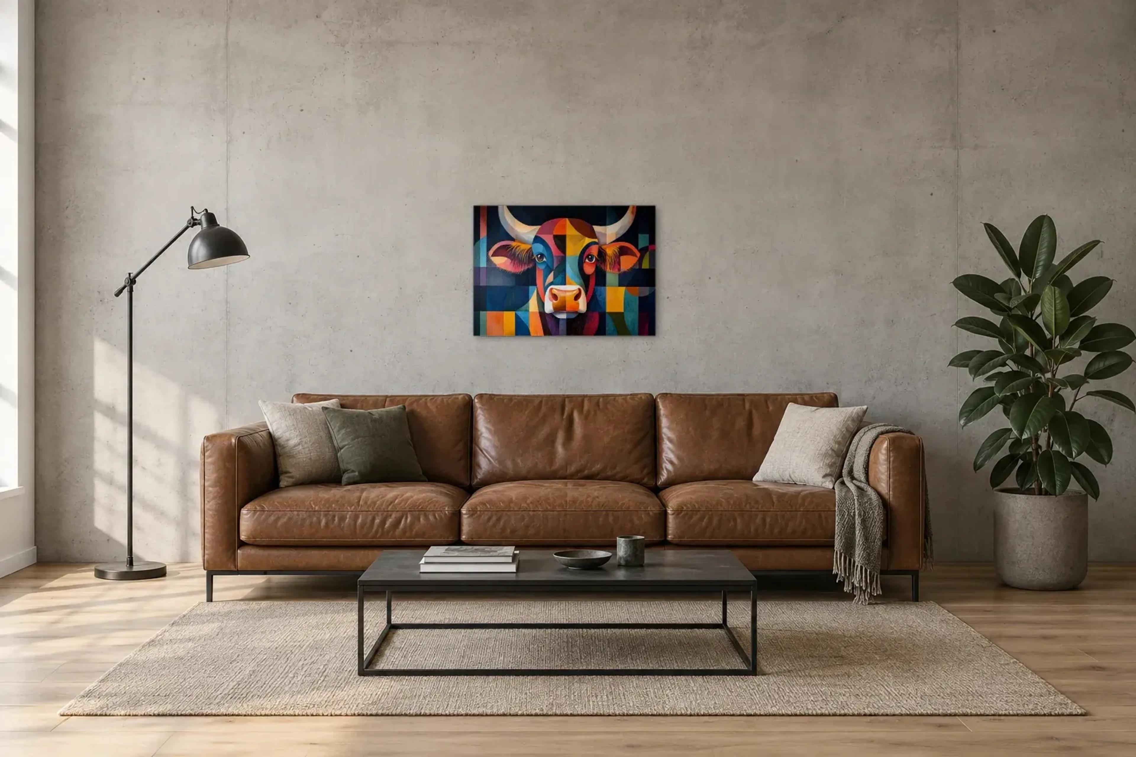 Rind in Farbflächen als Wandbild über einem 220-cm-Sofa