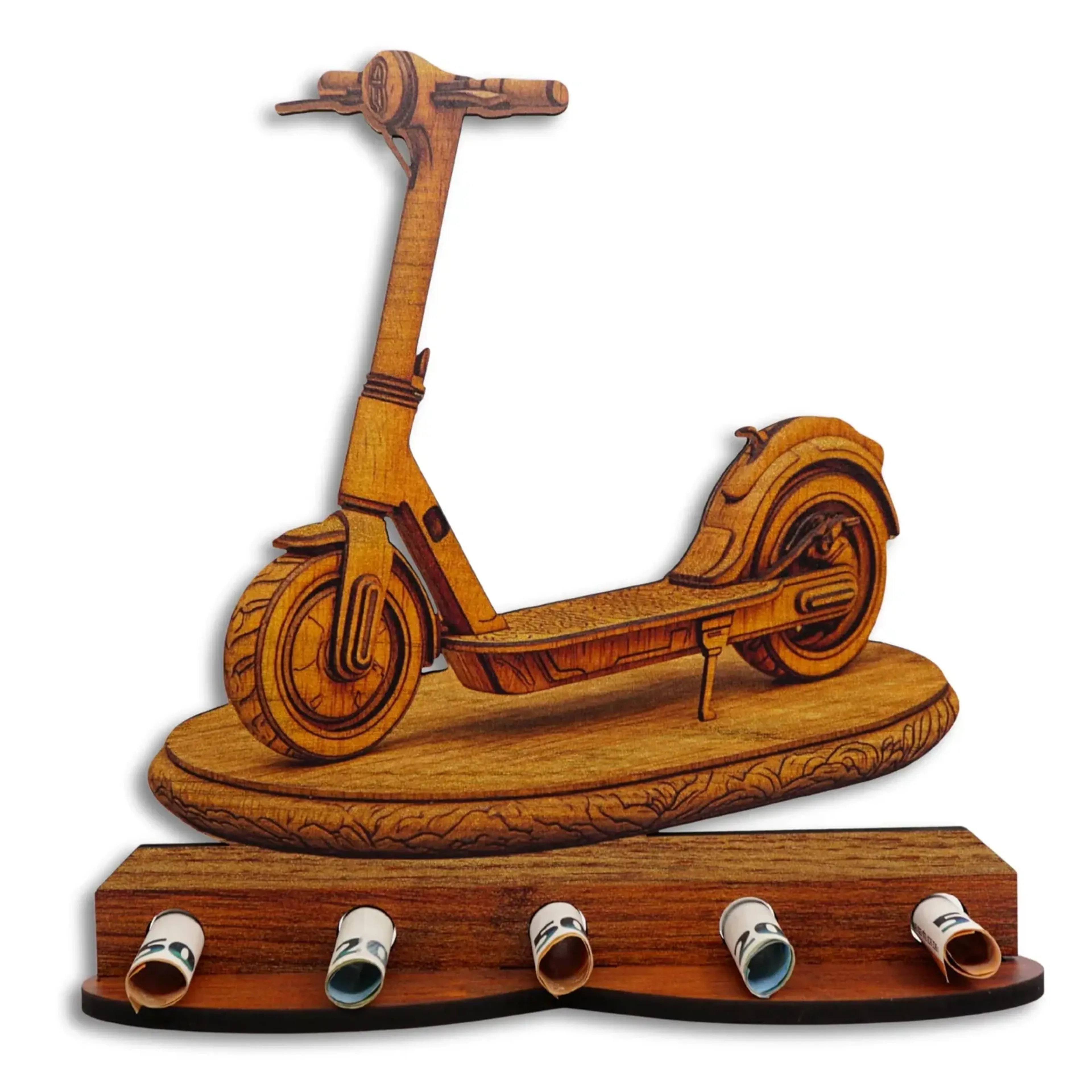 Goldbrauner E-Scooter mit dunklen Konturen über einem Sockel mit fünf gerollten Geldscheinen.
