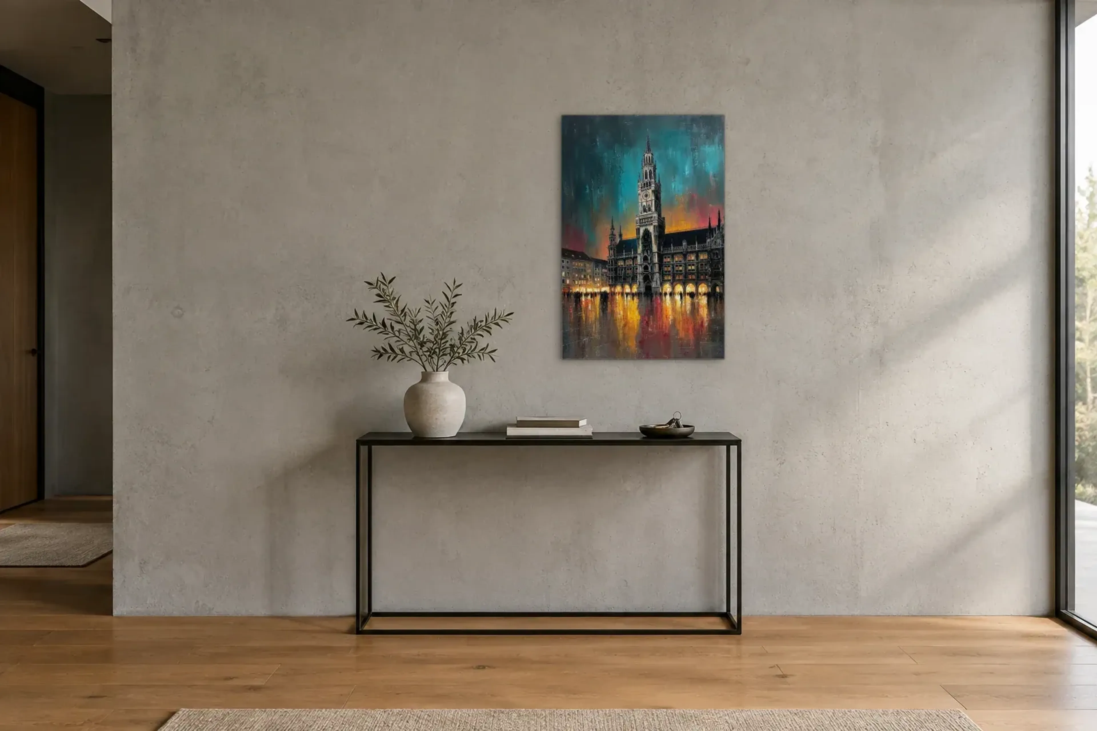 Rathaus im Farbenspiel als Wandbild über einer 120-cm-Konsole