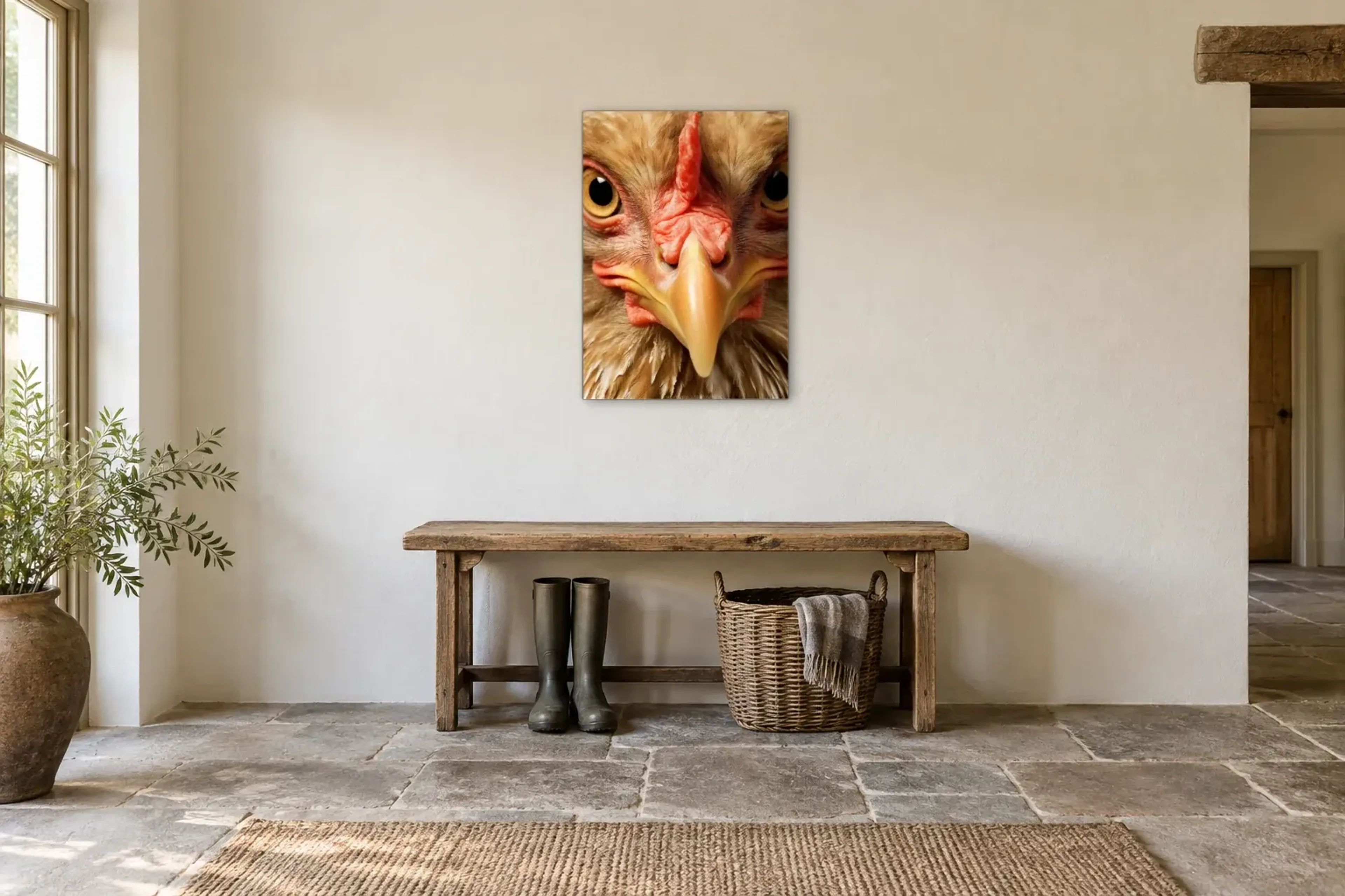 Huhn ganz nah als Wandbild über einer 120-cm-Bank