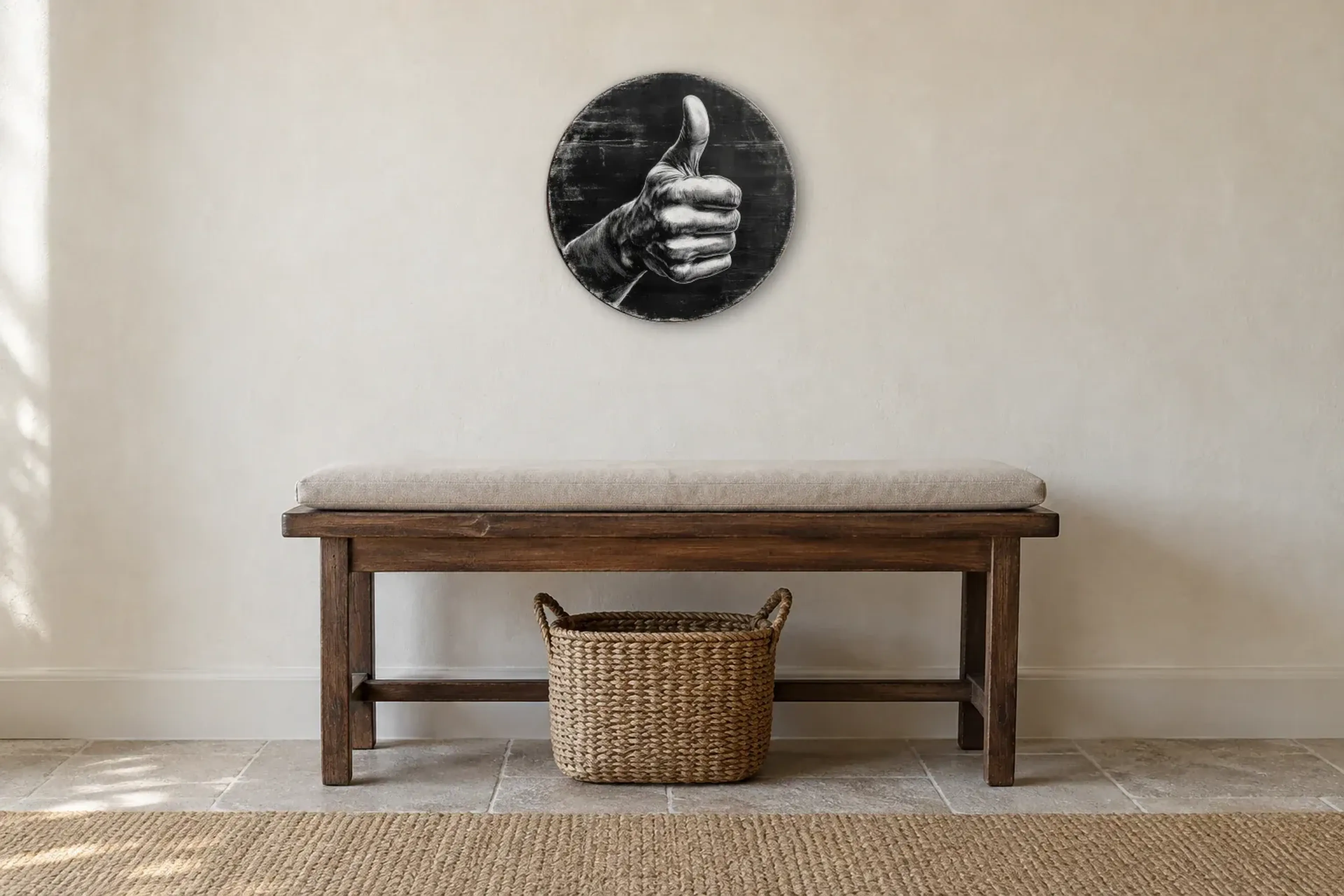 Daumen hoch als Wandbild über einer 100-cm-Sitzbank