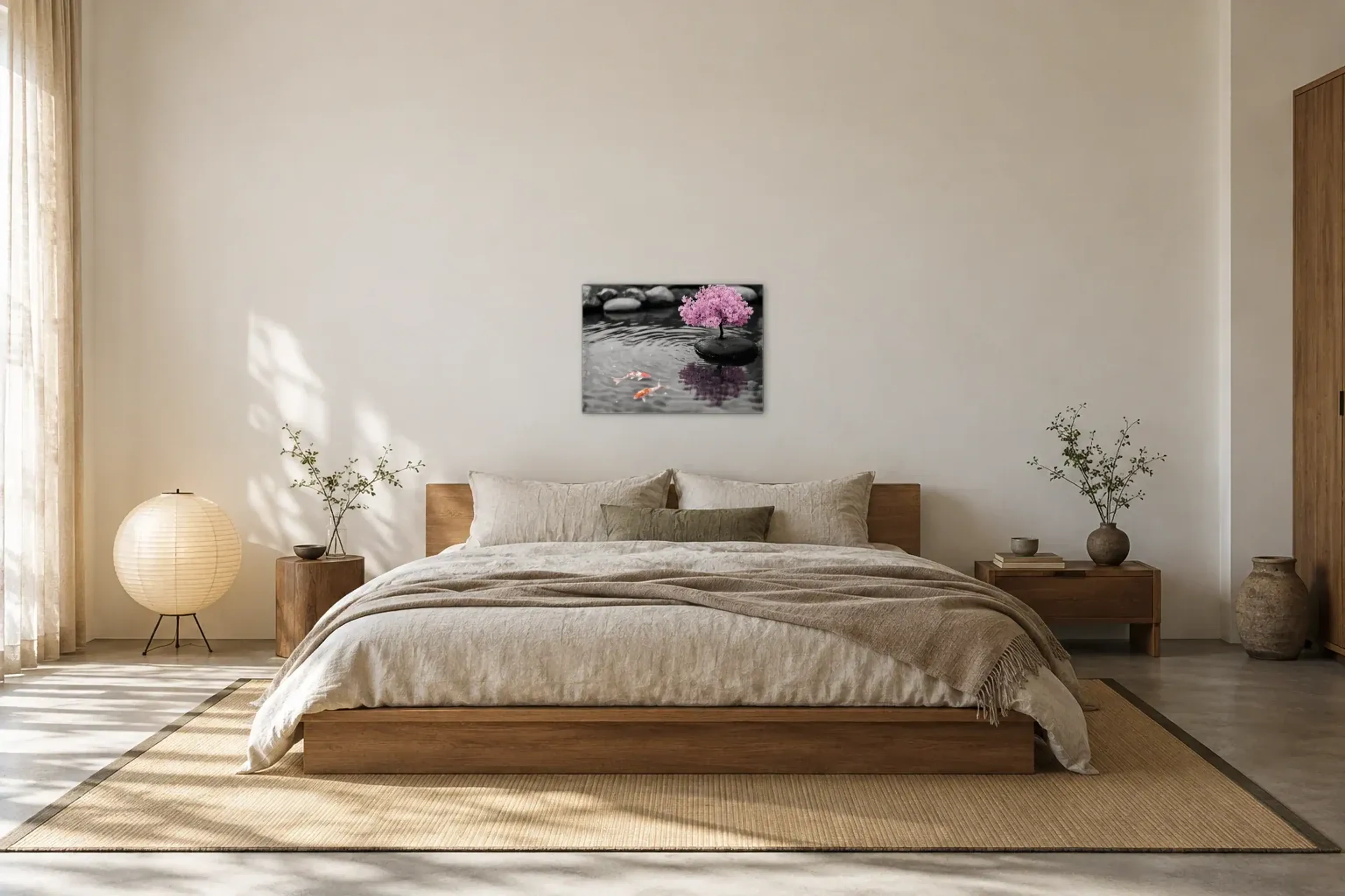Bonsai am Wasser als Wandbild über einem 180-cm-Bett