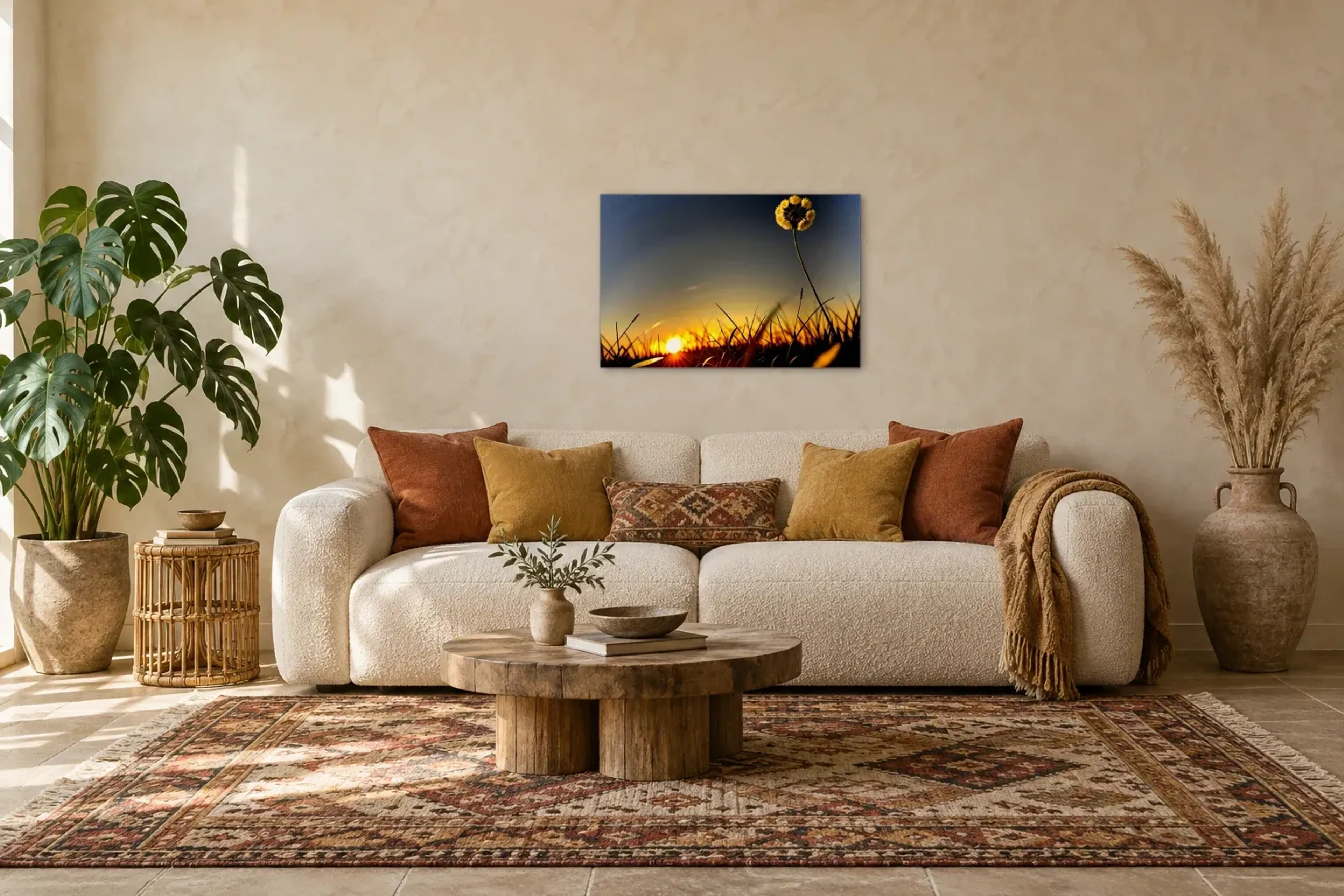 Blumenwiese Sonnenuntergang als Wandbild über einem 220-cm-Sofa