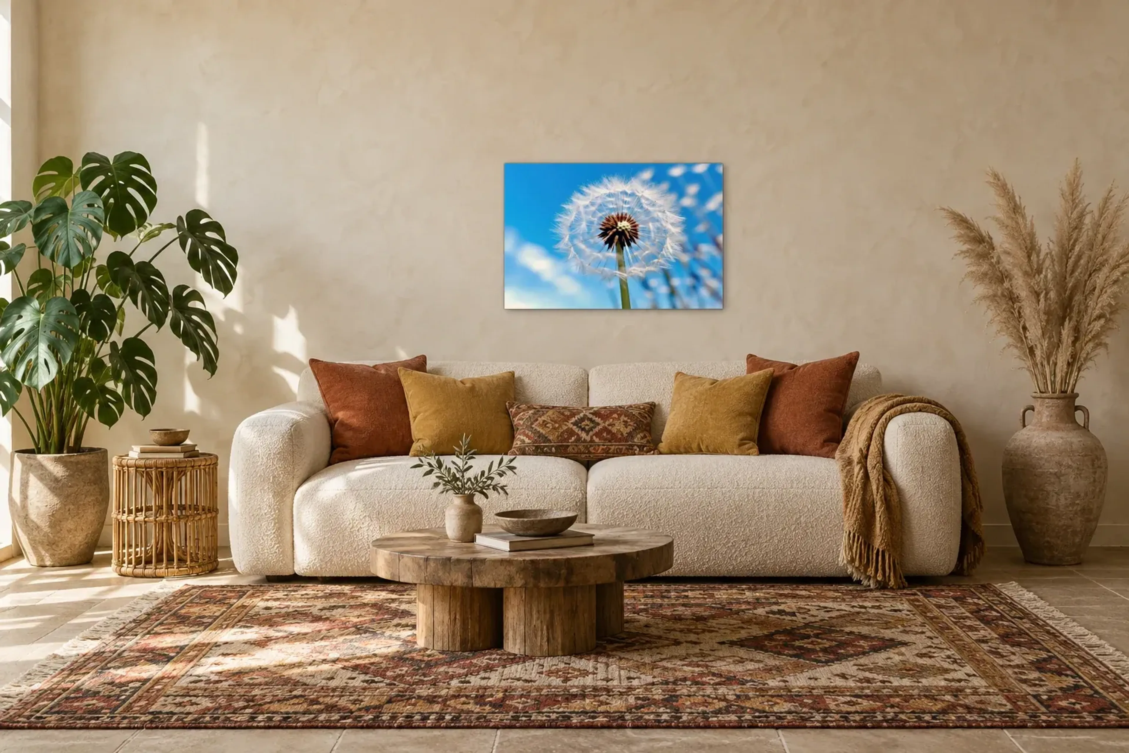 Pusteblume im Himmelsblau als Wandbild über einem 220-cm-Sofa