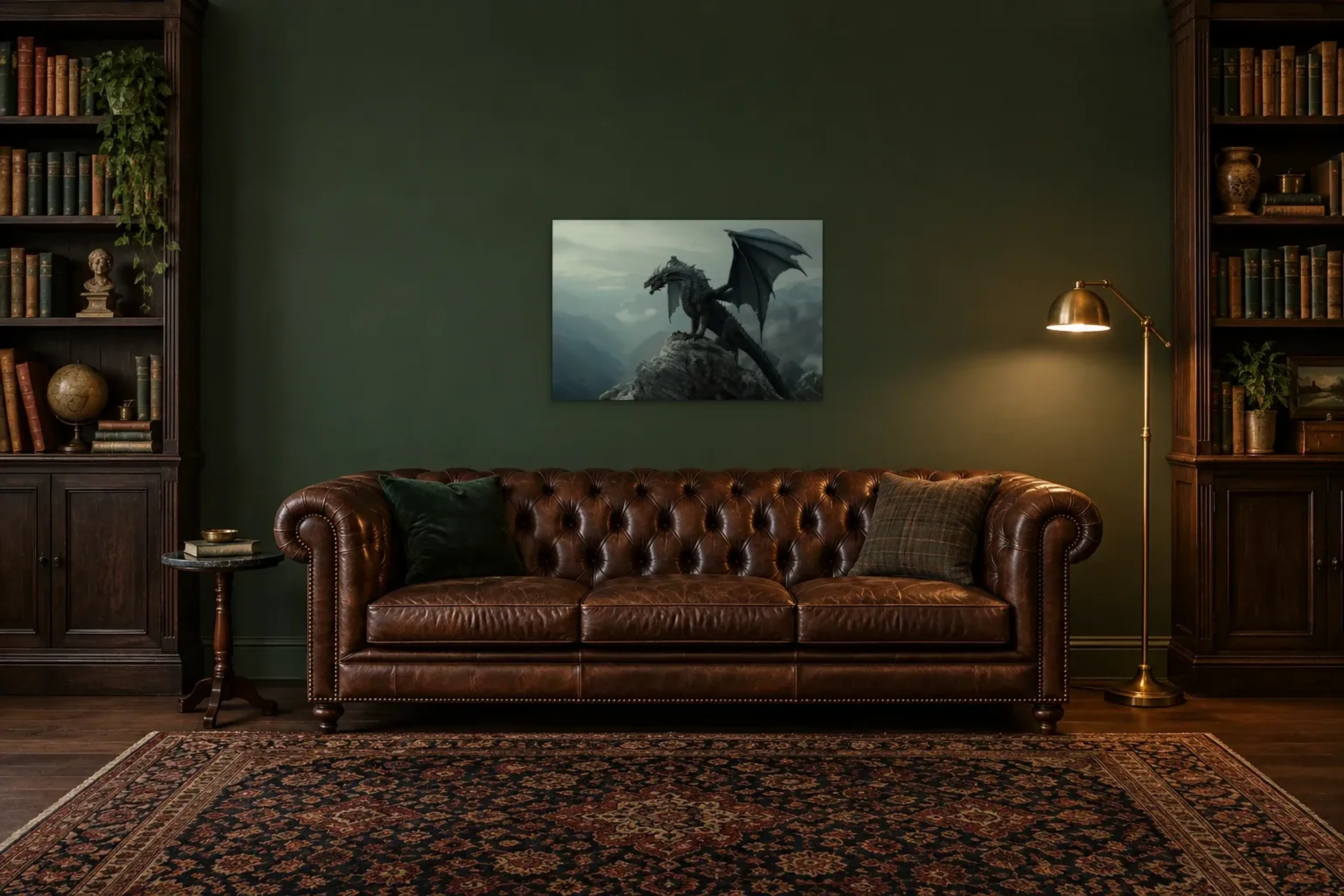 Drache auf Fels als Wandbild über einem 200-cm-Chesterfield-Sofa
