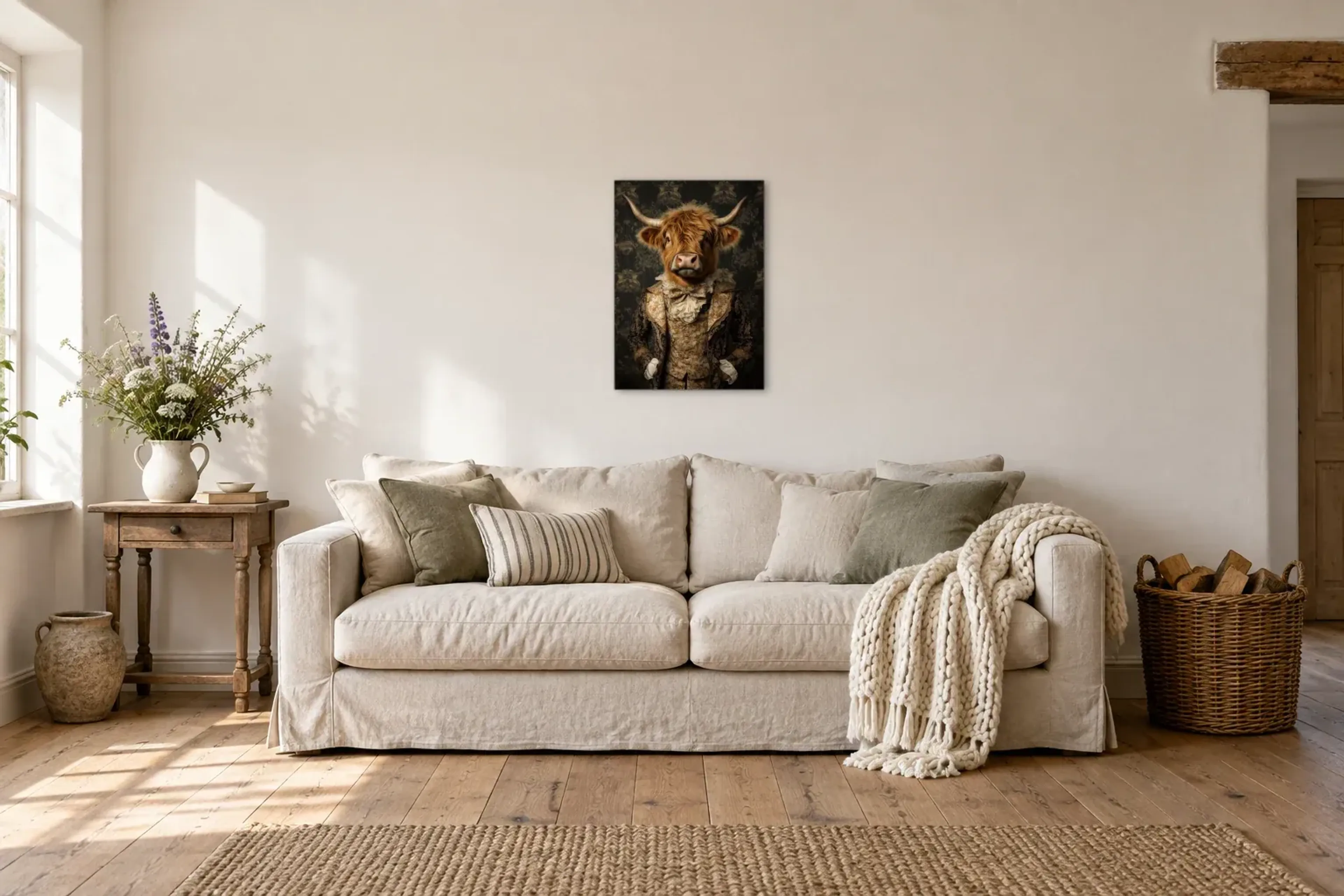 Hochlandrind als Gentleman als Wandbild über einem 220-cm-Sofa