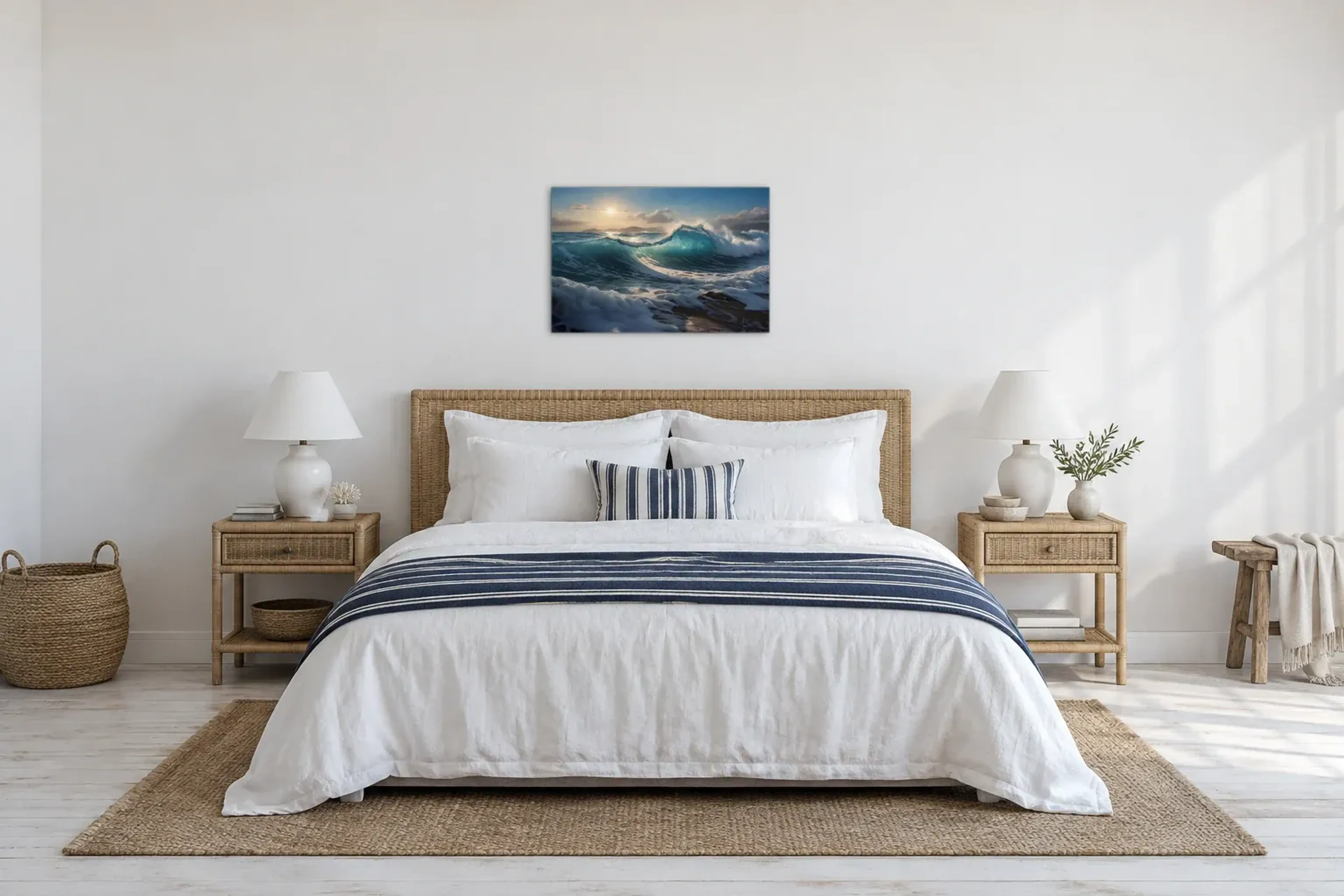 Wellen am Strand als Wandbild über einem 180-cm-Bett