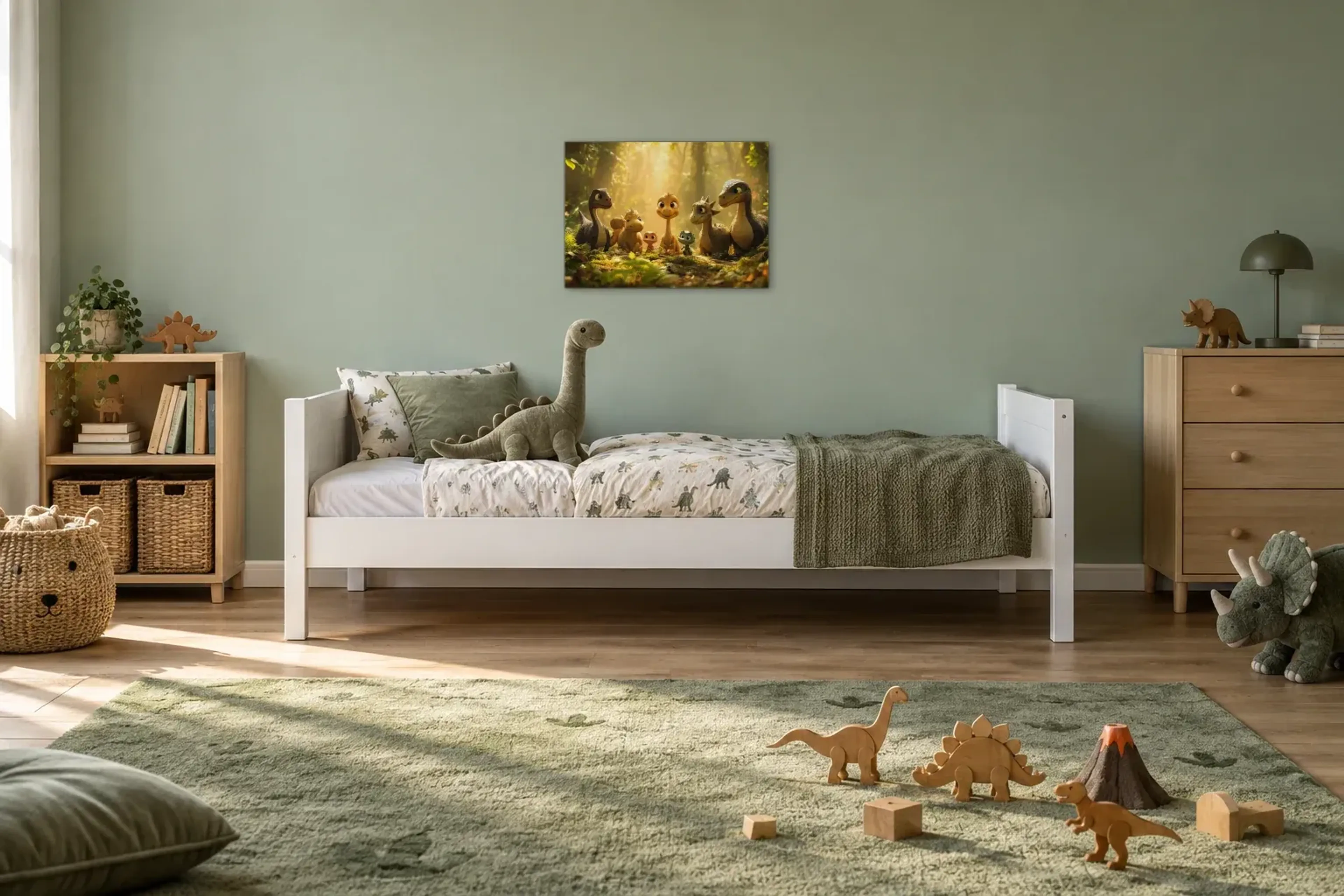 Dinos im goldenen Wald als Wandbild über einem 200-cm-Kinderbett