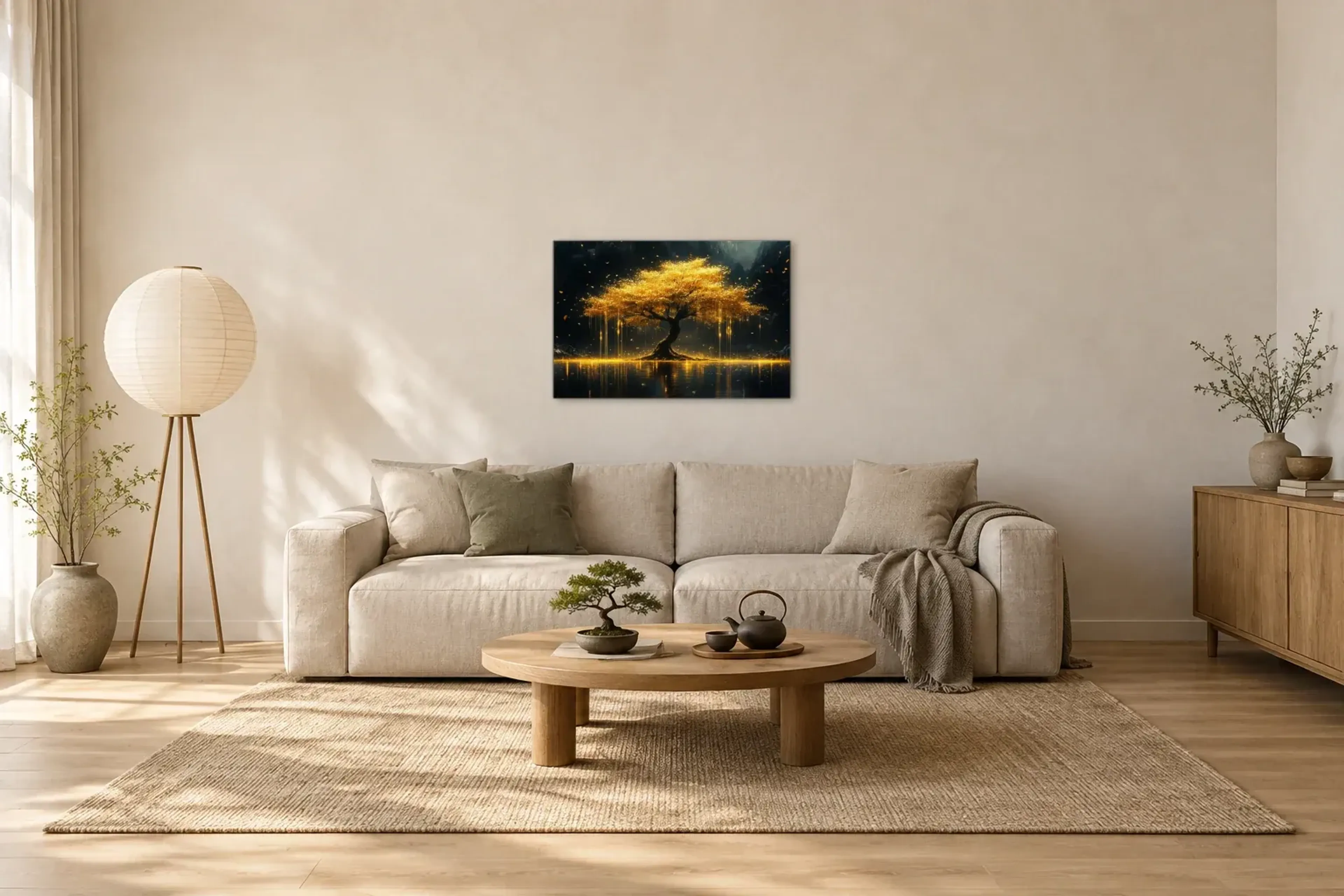 Baum der Weisheit als Wandbild über einem 220-cm-Sofa