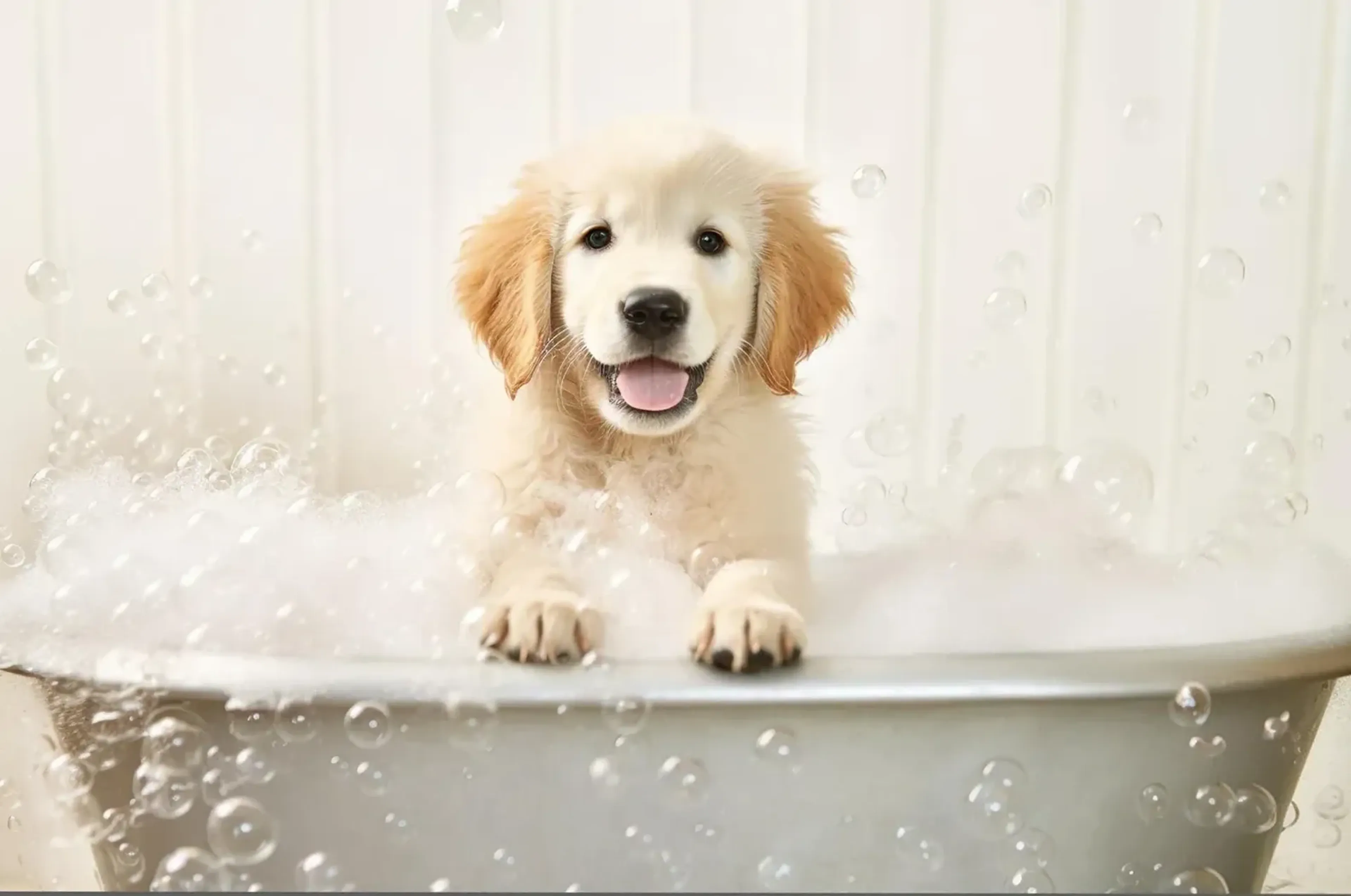 Ein heller Golden-Retriever-Welpe stützt seine Pfoten auf den Badewannenrand, umgeben von Schaum und Seifenblasen.