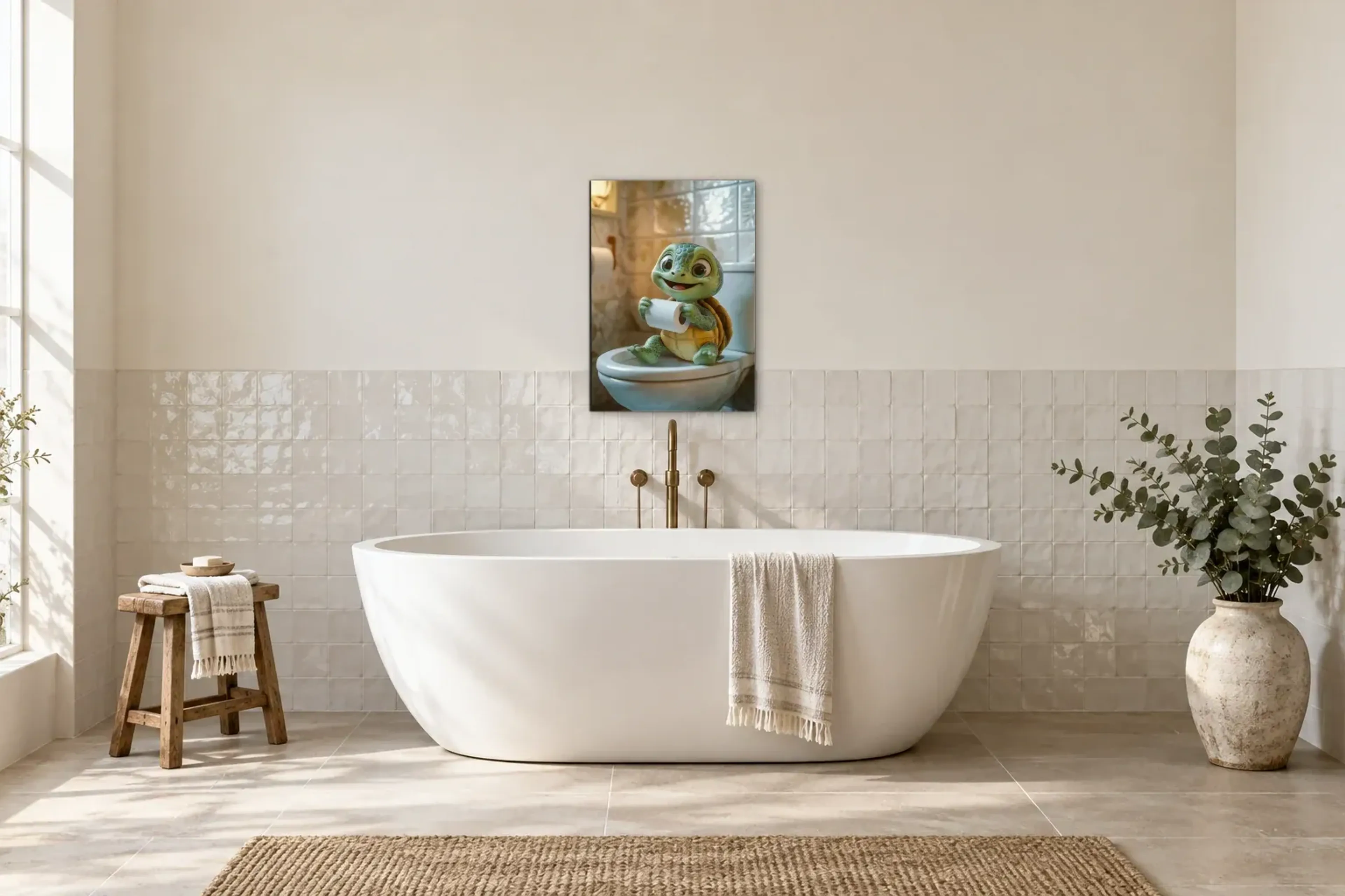 Schildkröte im Fliesenbad als Wandbild über einer 170-cm-Badewanne