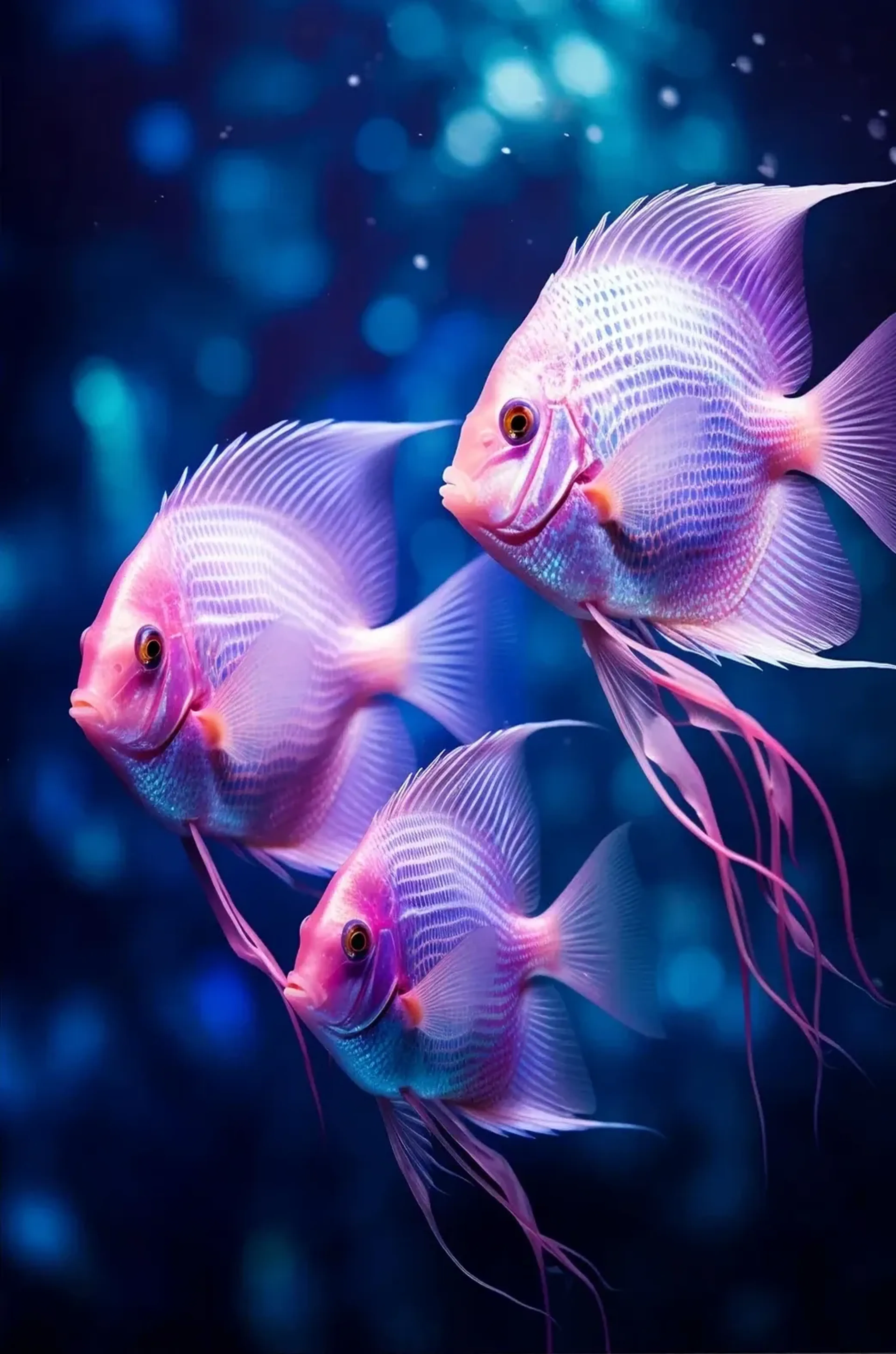 Drei rosa und lilafarbene Fische mit langen, filigranen Flossen vor einem dunkelblauen Hintergrund mit Lichtpunkten.