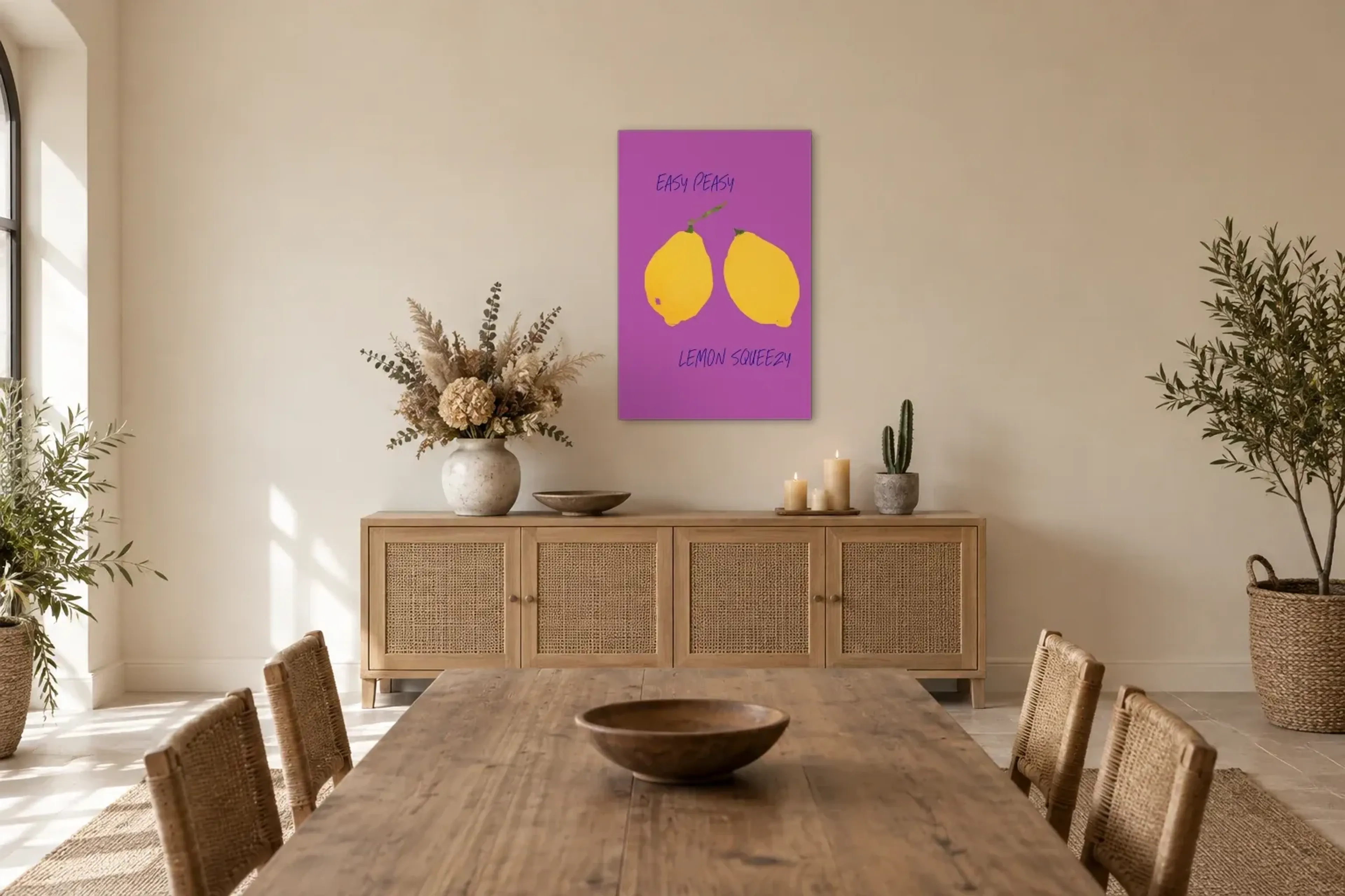 Easy Peasy Lemon Squeezy als Wandbild über einem 160-cm-Sideboard