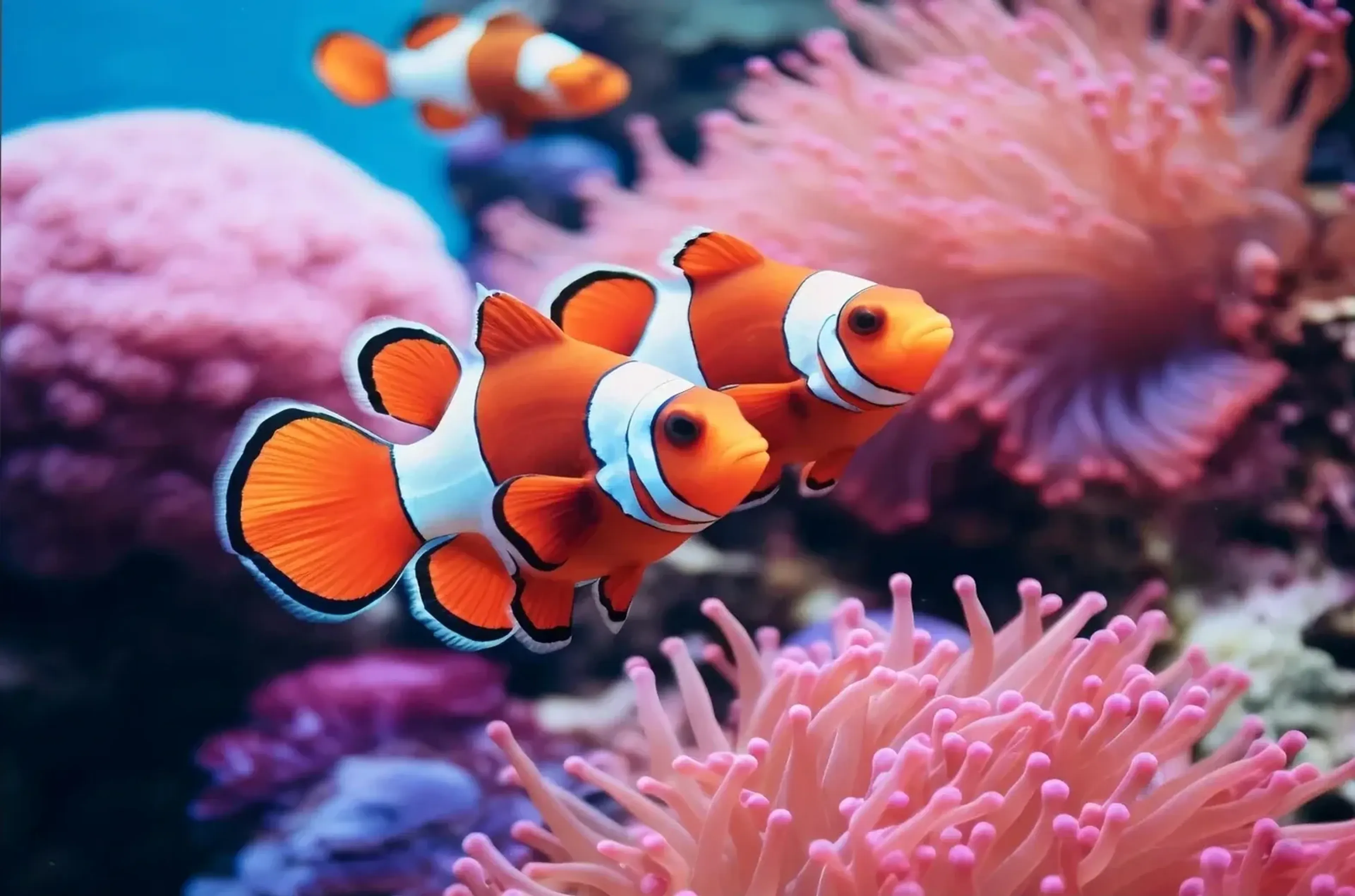 Zwei orange-weiße Anemonenfische vor rosa Anemonen, ein weiterer Fisch unscharf im blauen Hintergrund.
