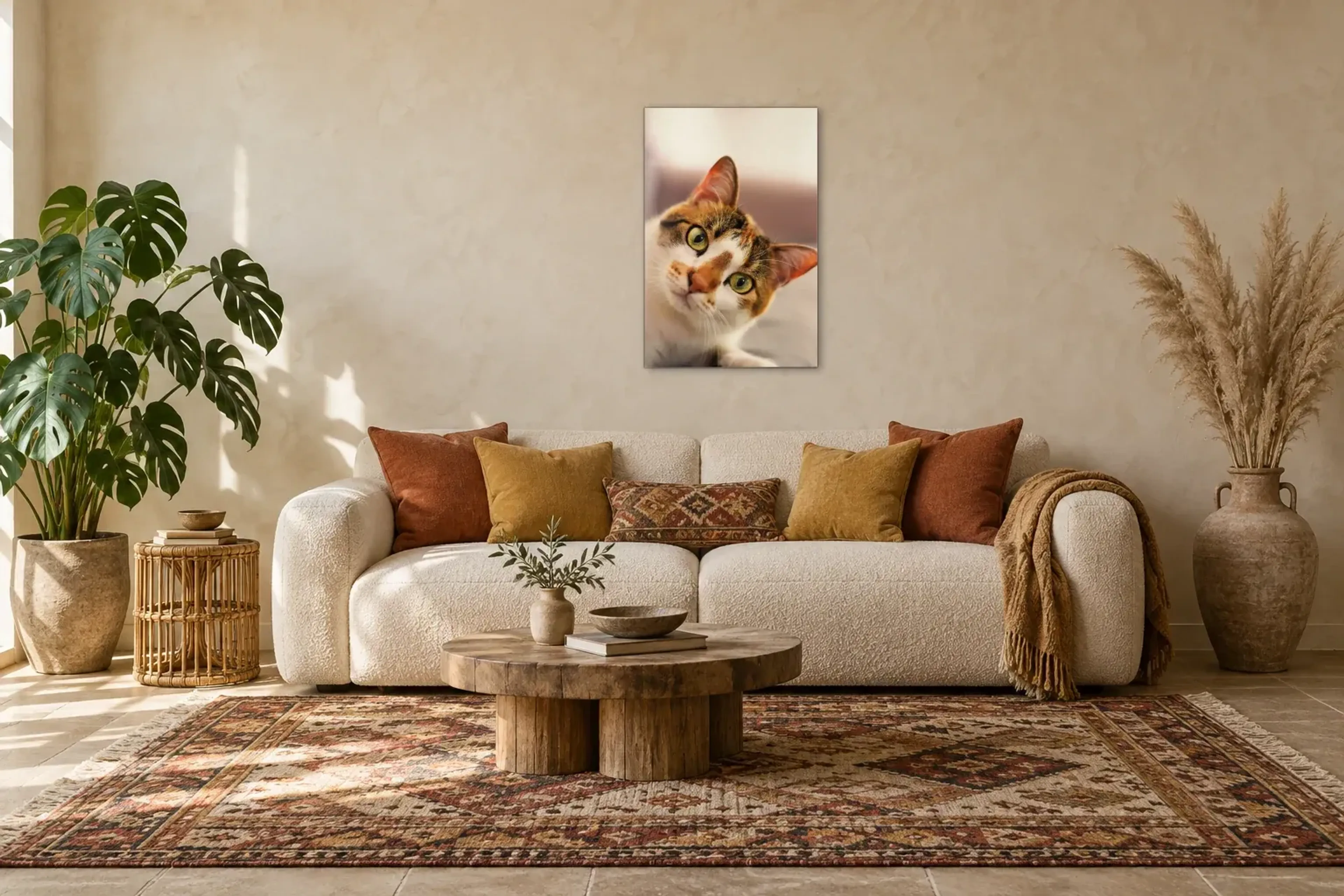 Katze mit schiefem Kopf als Wandbild über einem 220-cm-Sofa