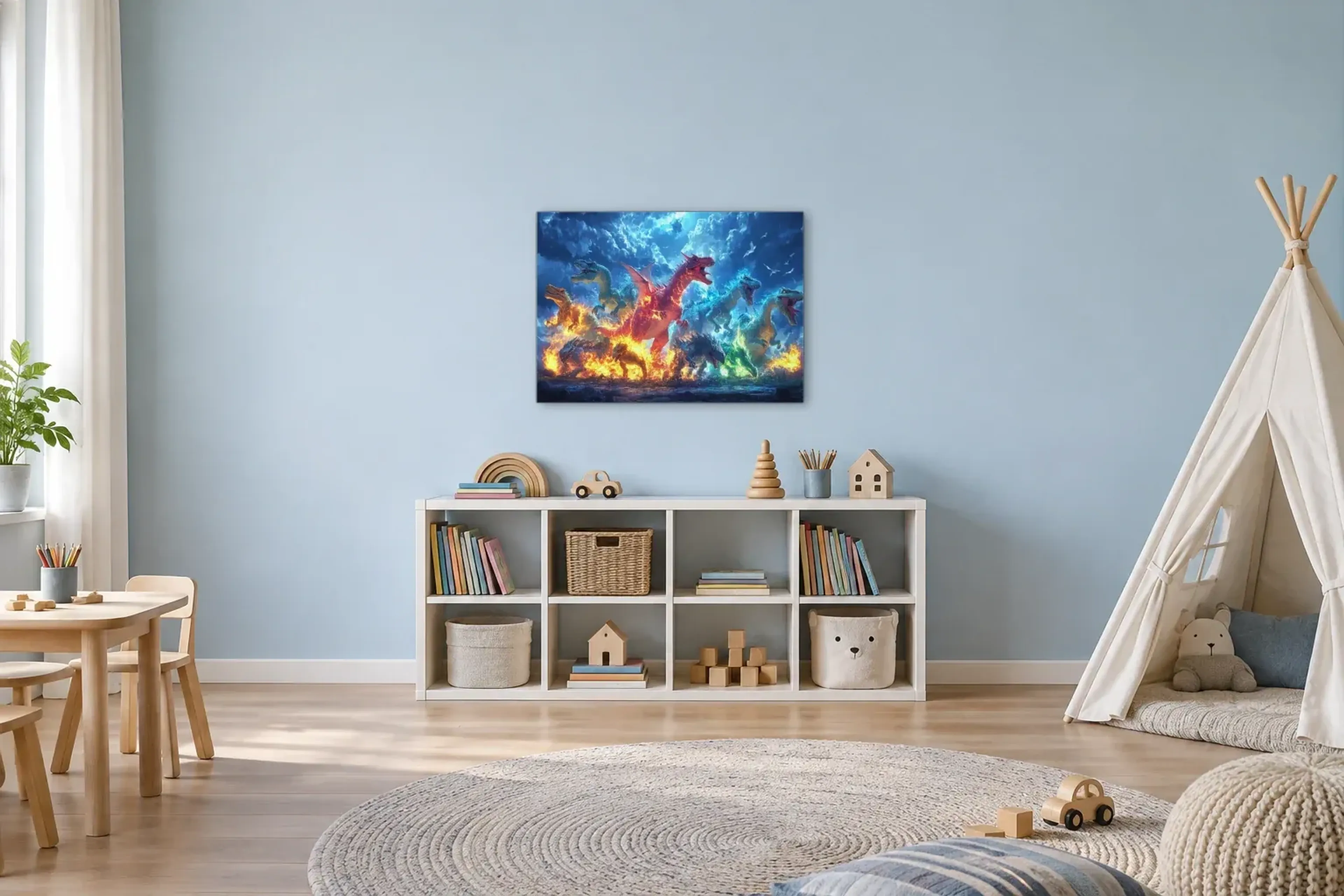 Urzeitwesen zwischen Feuer und Eis als Wandbild über einem 120-cm-Spielregal