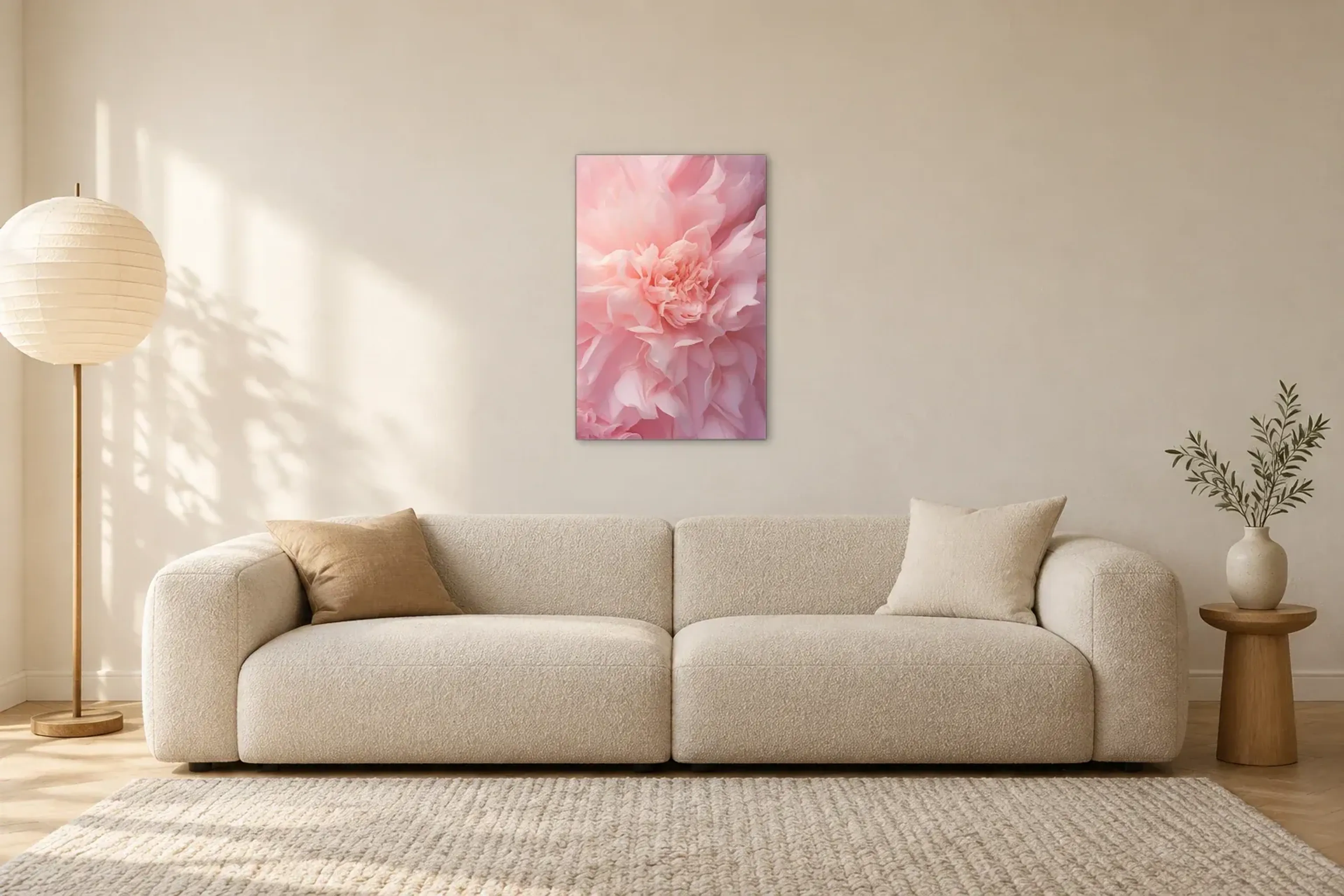 Rosa Blüte im Detail als Wandbild über einem 230-cm-Sofa