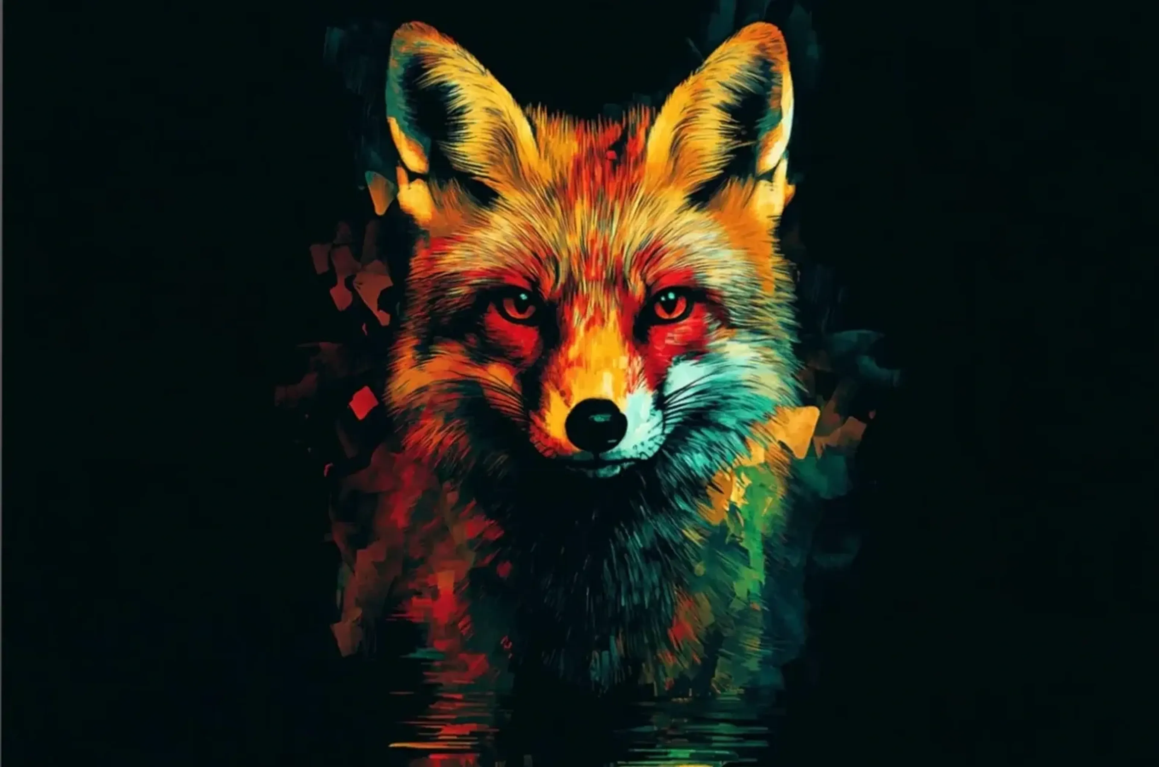 Ein Fuchs blickt frontal aus dunklem Grund, sein Fell leuchtet in Orange, Rot, Gelb und Türkis.